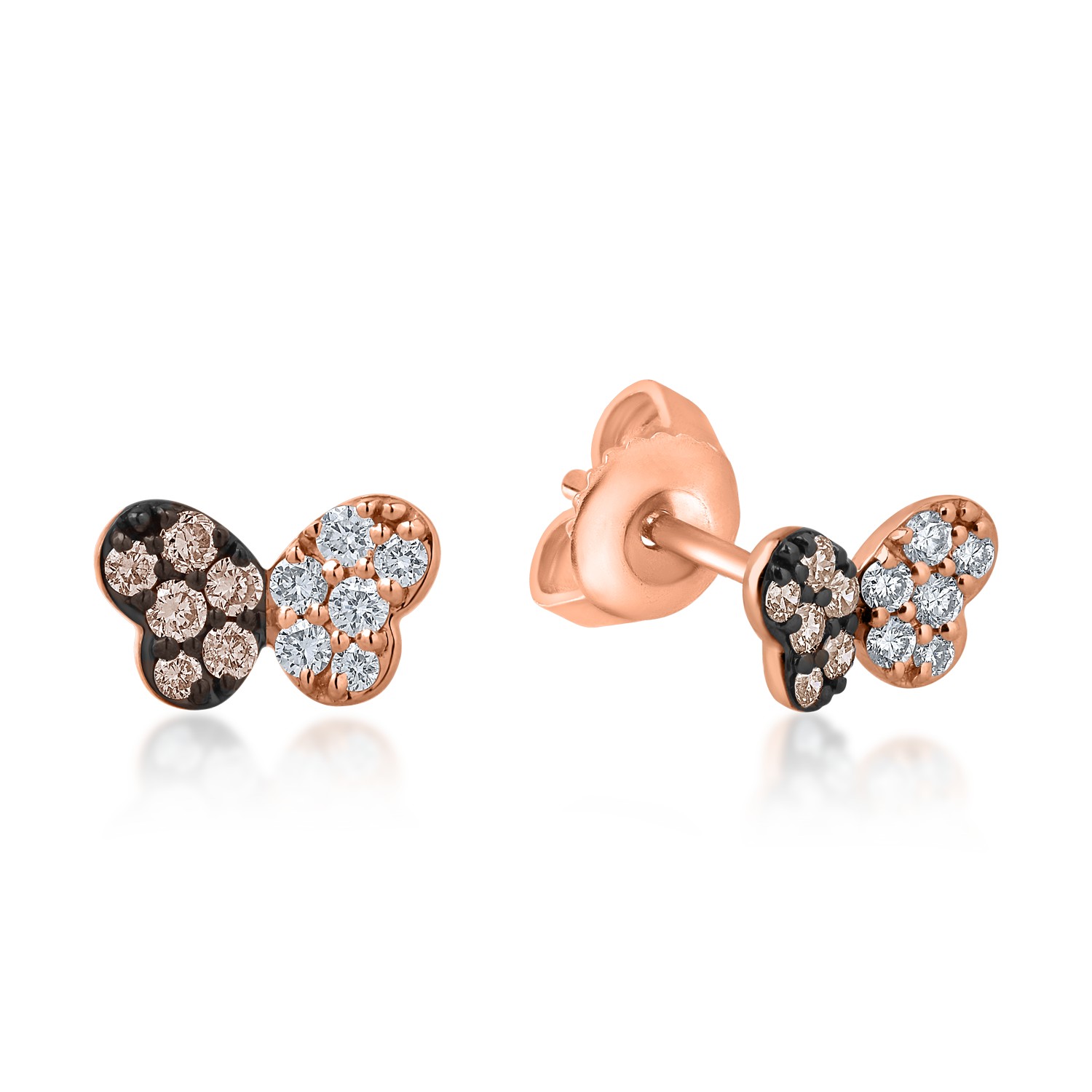 Rose gold butterflies earrings with 0.15ct brown diamonds and 0.14ct clear diamonds