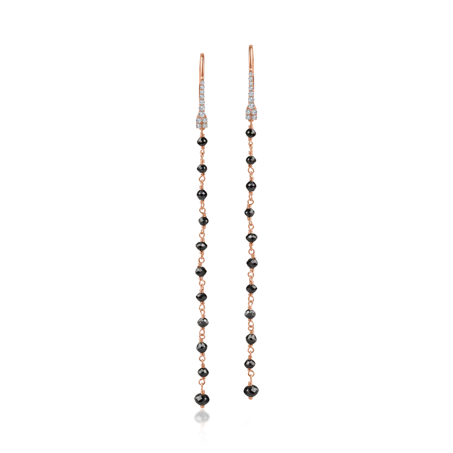 Дълги обеци от розово злато с черни диаманти 3.03кт и прозрачни диаманти 0.18кт