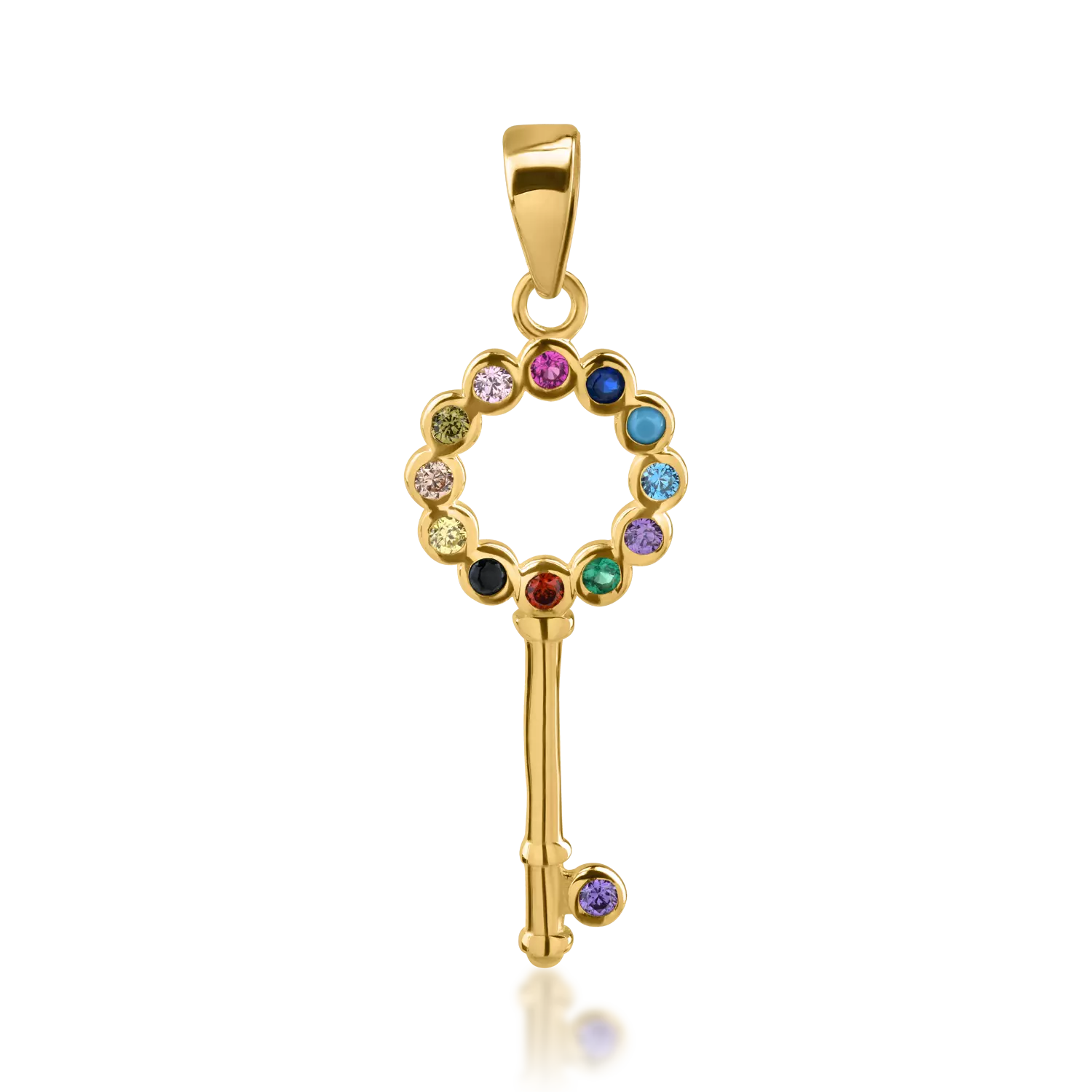 Yellow gold key pendant with multicoloured zirconia