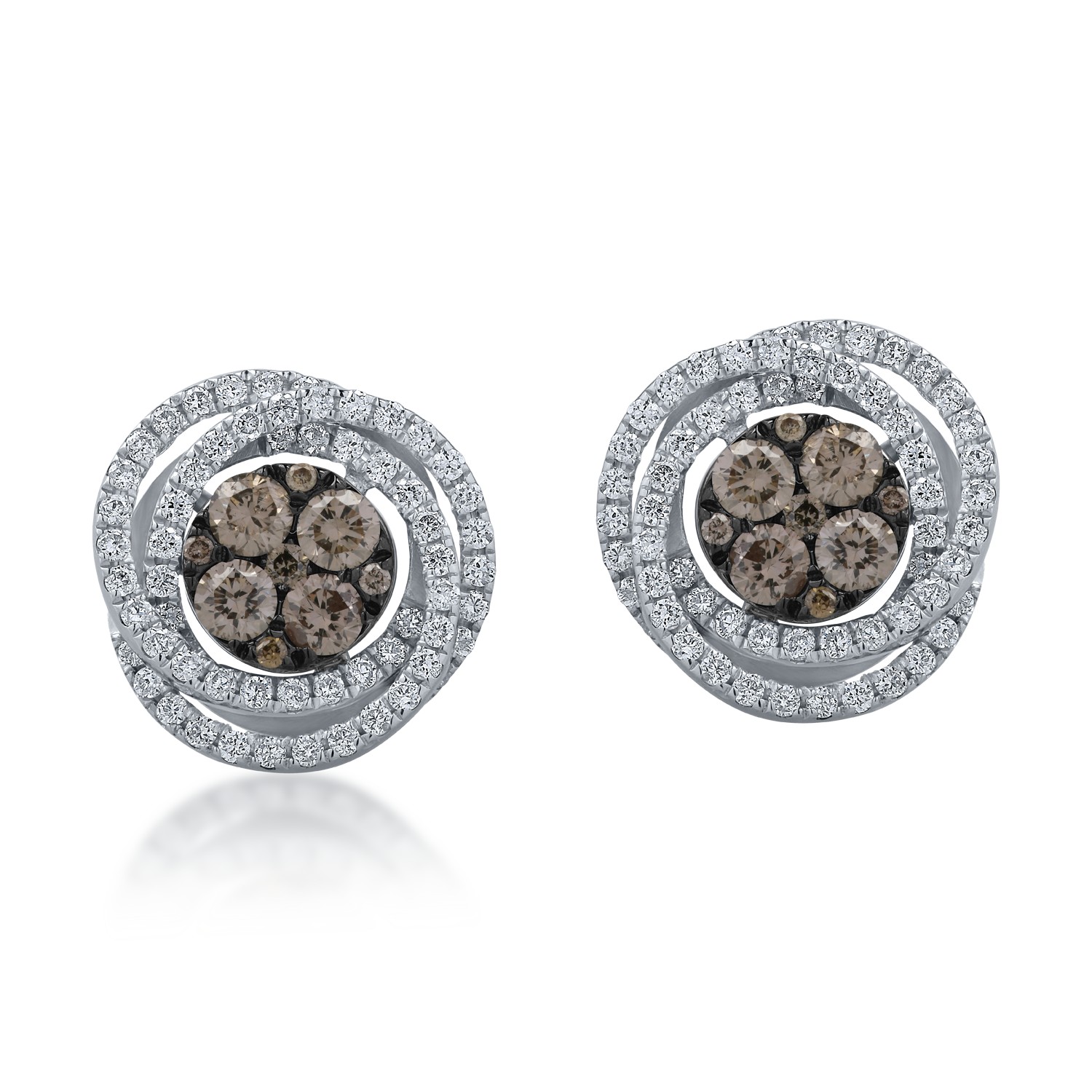 White gold round earrings with 0.7ct brown and clear diamonds