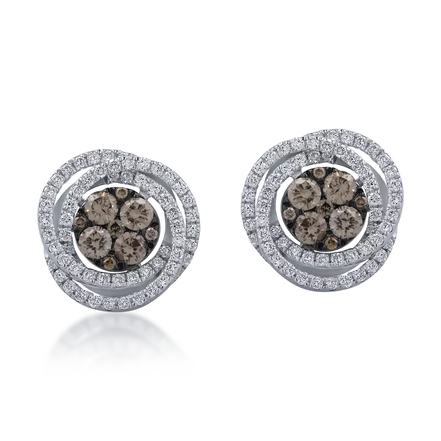 White gold round earrings with 0.7ct brown and clear diamonds