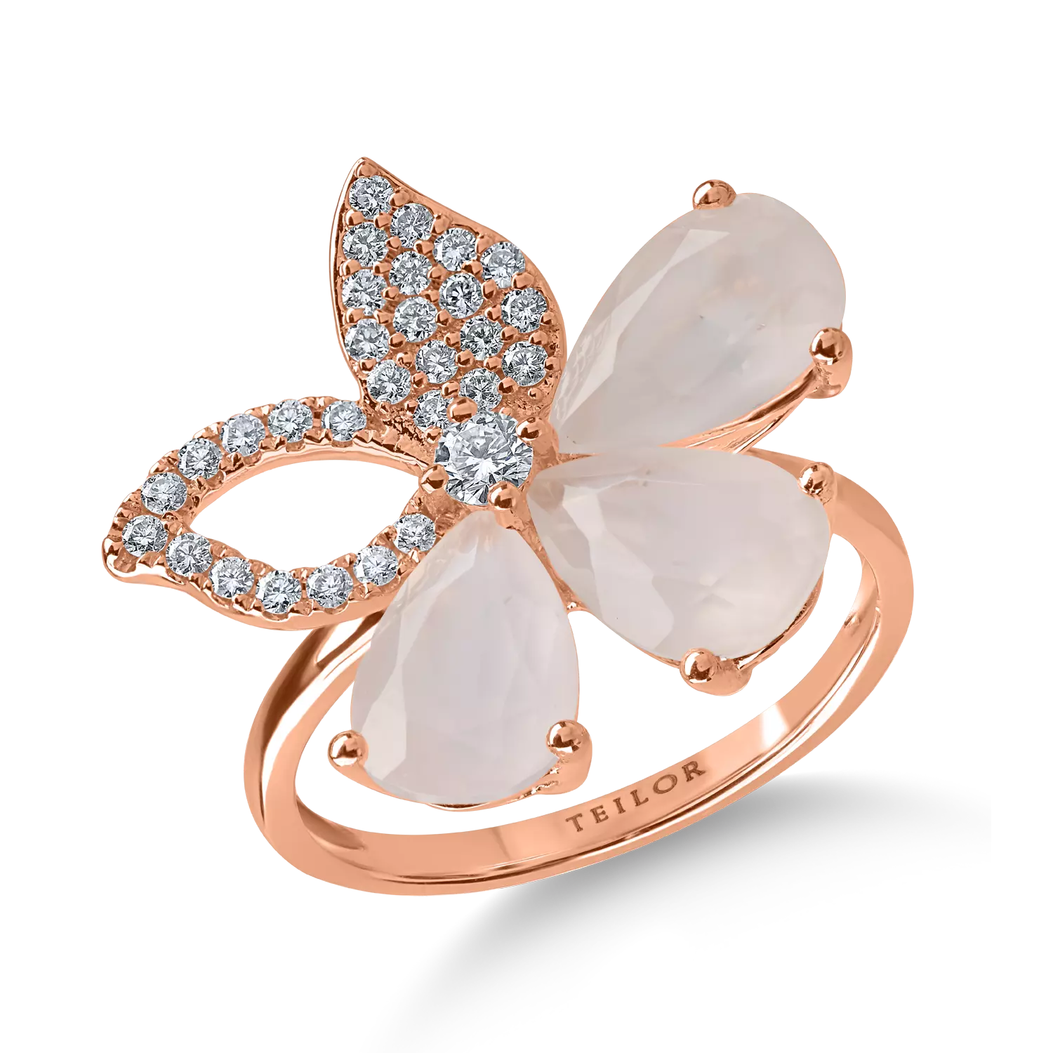 Rose gold flower ring with 3.15ct pink quartz and 0.29ct diamonds