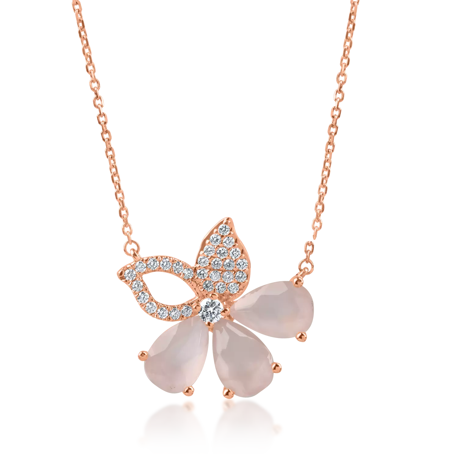Rose gold flower pendant chain with 3.12ct rose quartz and 0.29ct diamonds