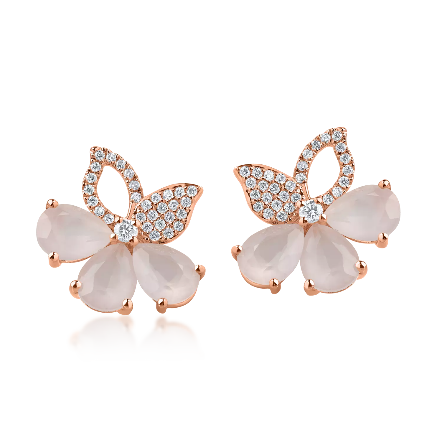 Rose gold flower earrings with 5.4ct pink quartz and 0.45ct diamonds