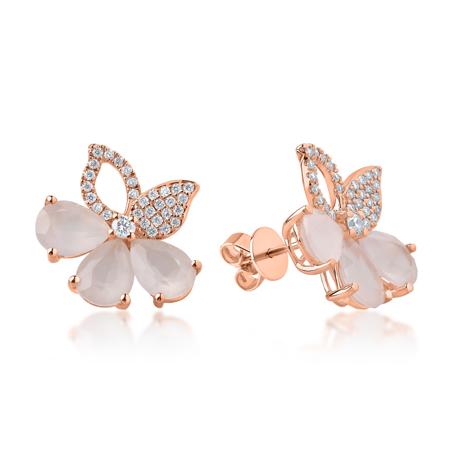 Rose gold flower earrings with 5.4ct pink quartz and 0.4ct diamonds