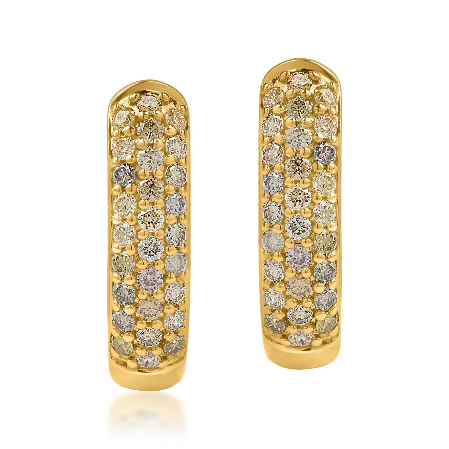 Okrągłe kolczyki z żółtego złota z wielobarwnymi diamentami o masie 0.75ct