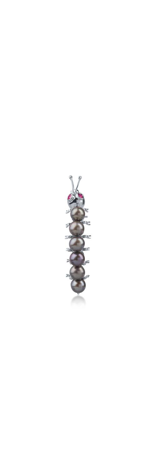 White gold caterpillar brooch with 5.7ct freshwater pearls and 0.08ct rubies