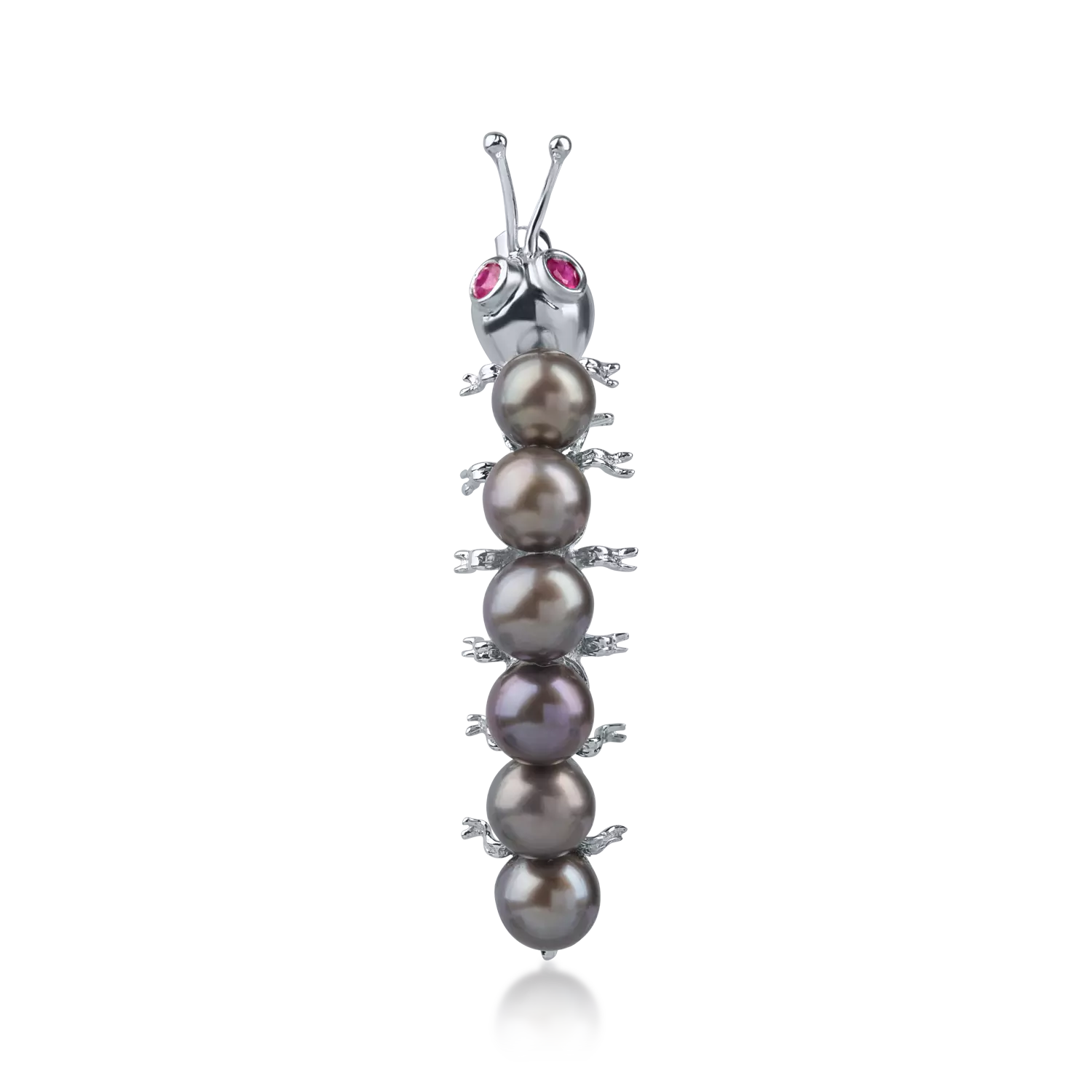 White gold caterpillar brooch with 5.7ct freshwater pearls and 0.08ct rubies