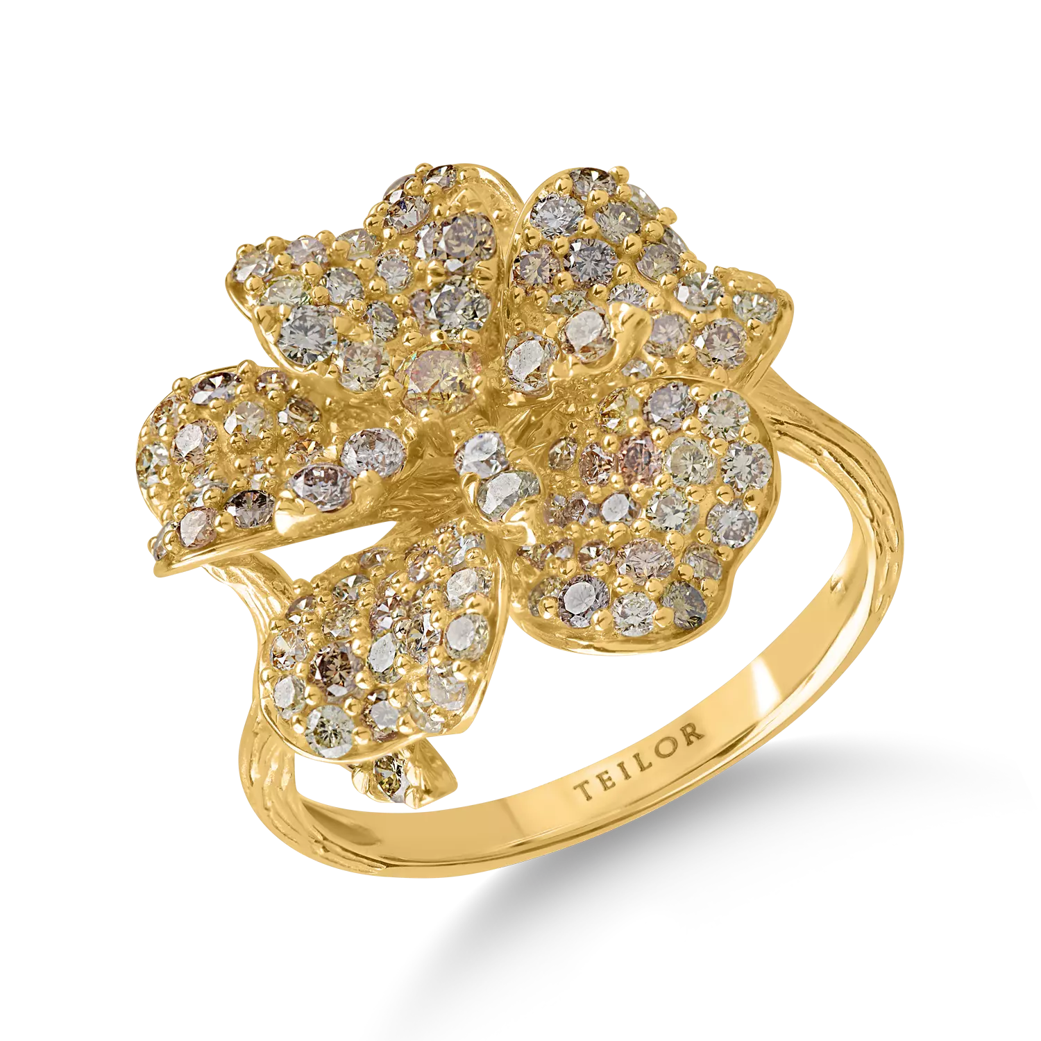 Пръстен с цвете от жълто злато с многоцветни диаманти 1.57кт