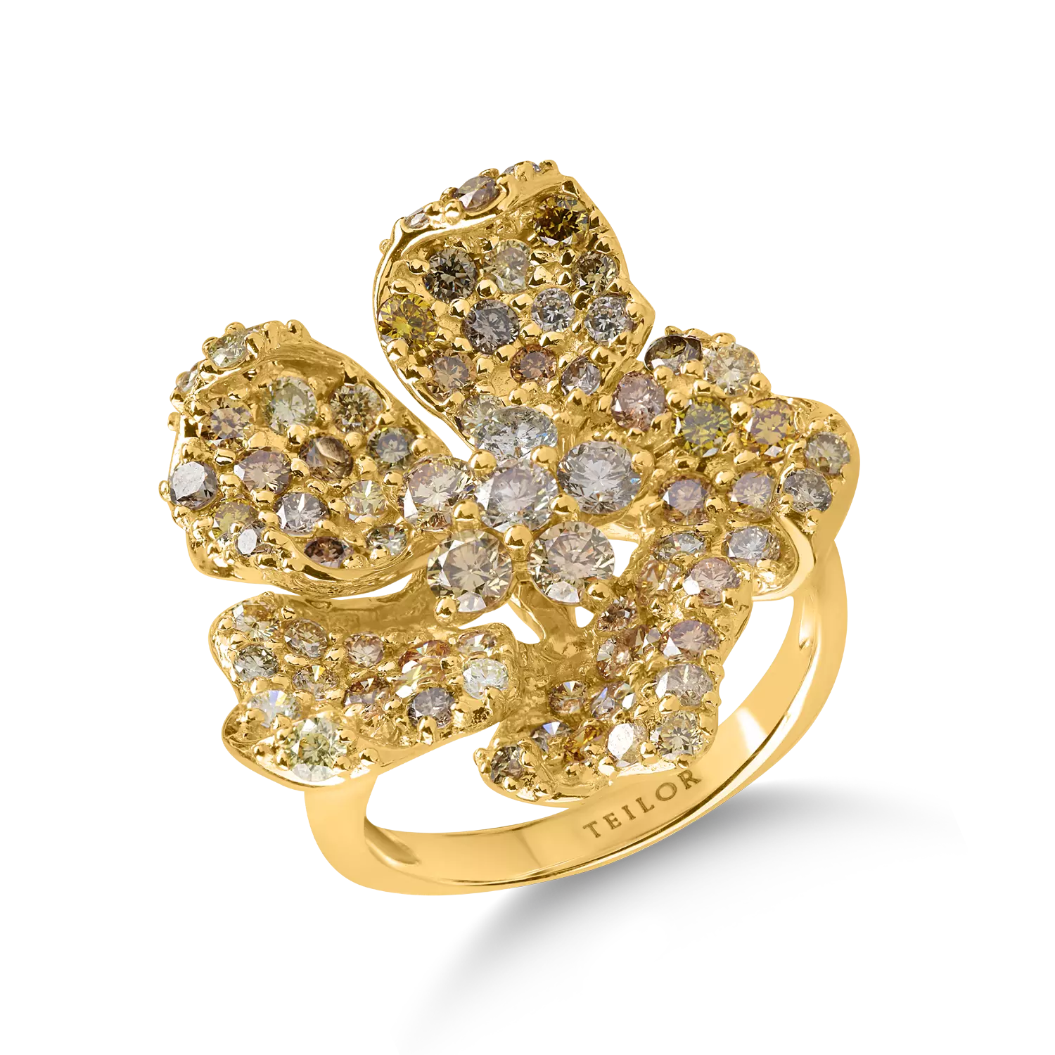 Yellow gold flower ring with 2.6ct multicoloured diamonds
