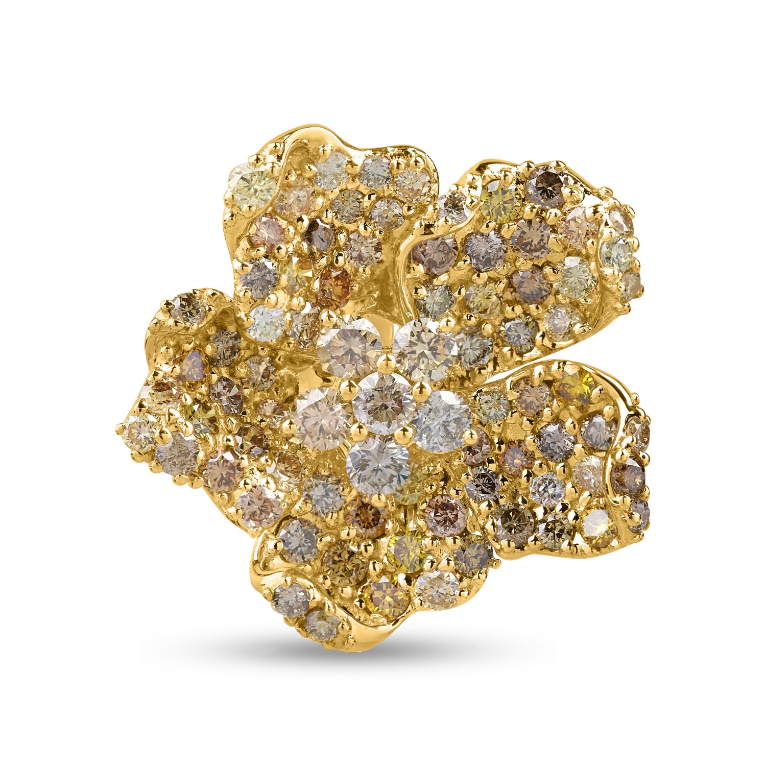 Pierścionek kwiatowy z żółtego złota z wielobarwnymi diamentami o masie 2.6ct