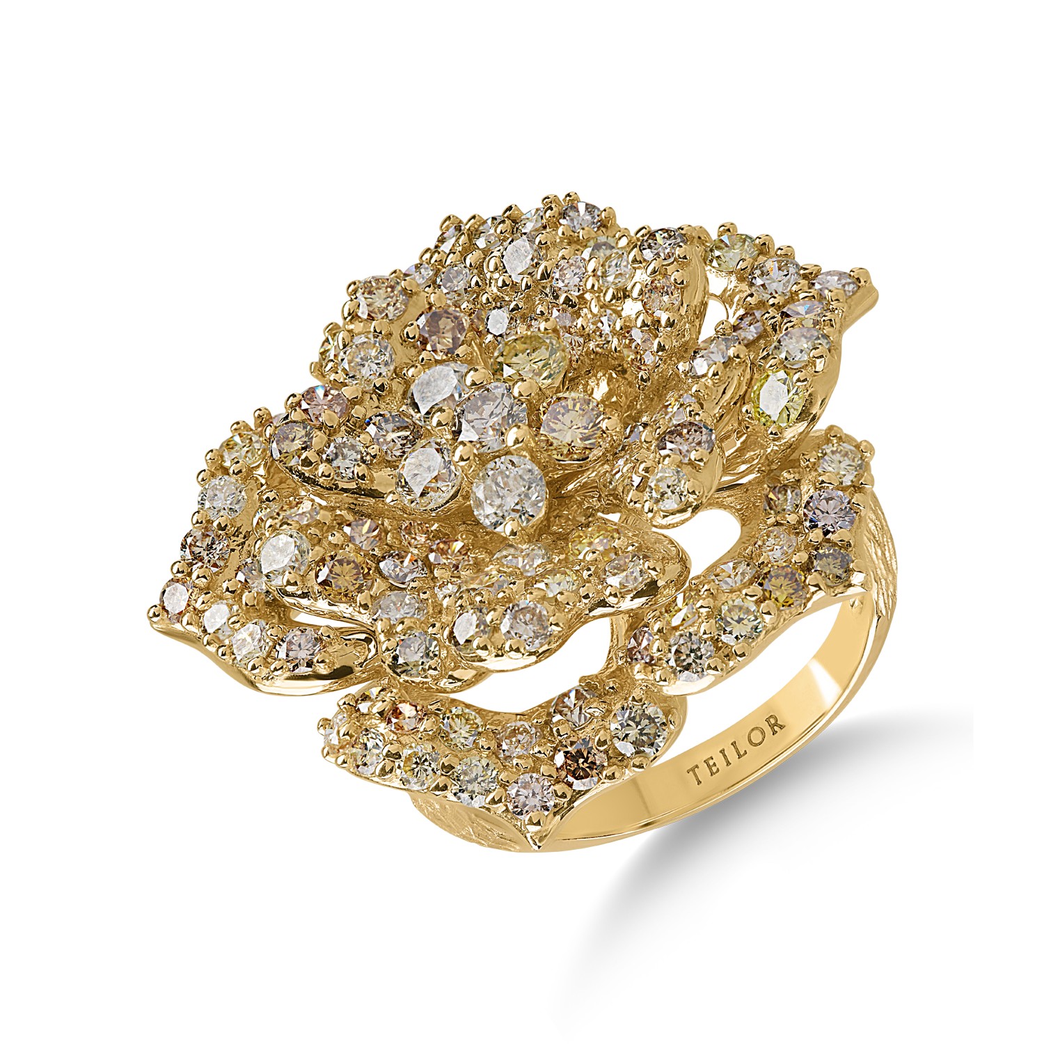Sárga arany virággyűrű 3.33ct tarka gyémántokkal