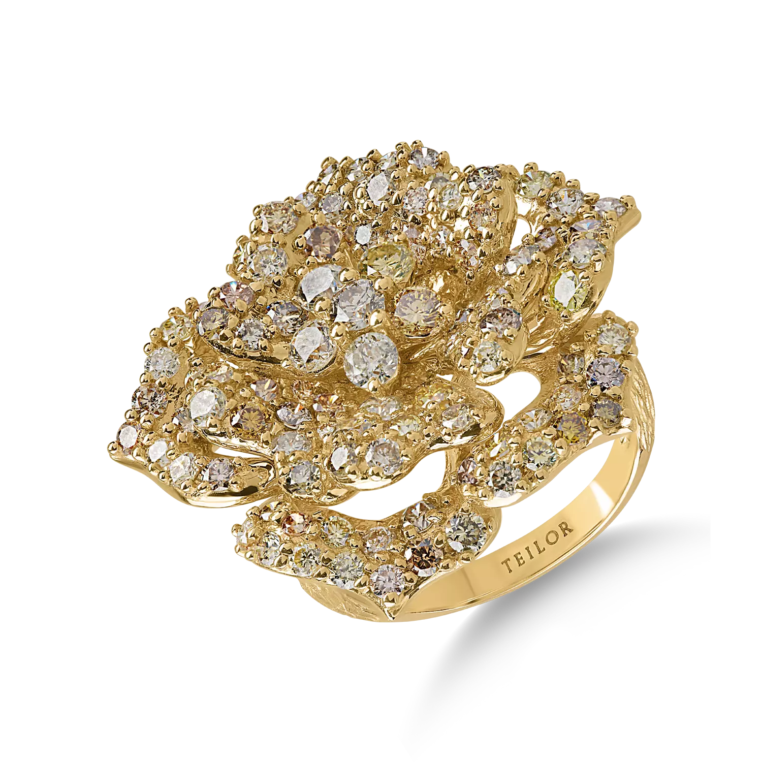 Pierścionek kwiatowy z żółtego złota z wielobarwnymi diamentami o masie 3.33ct