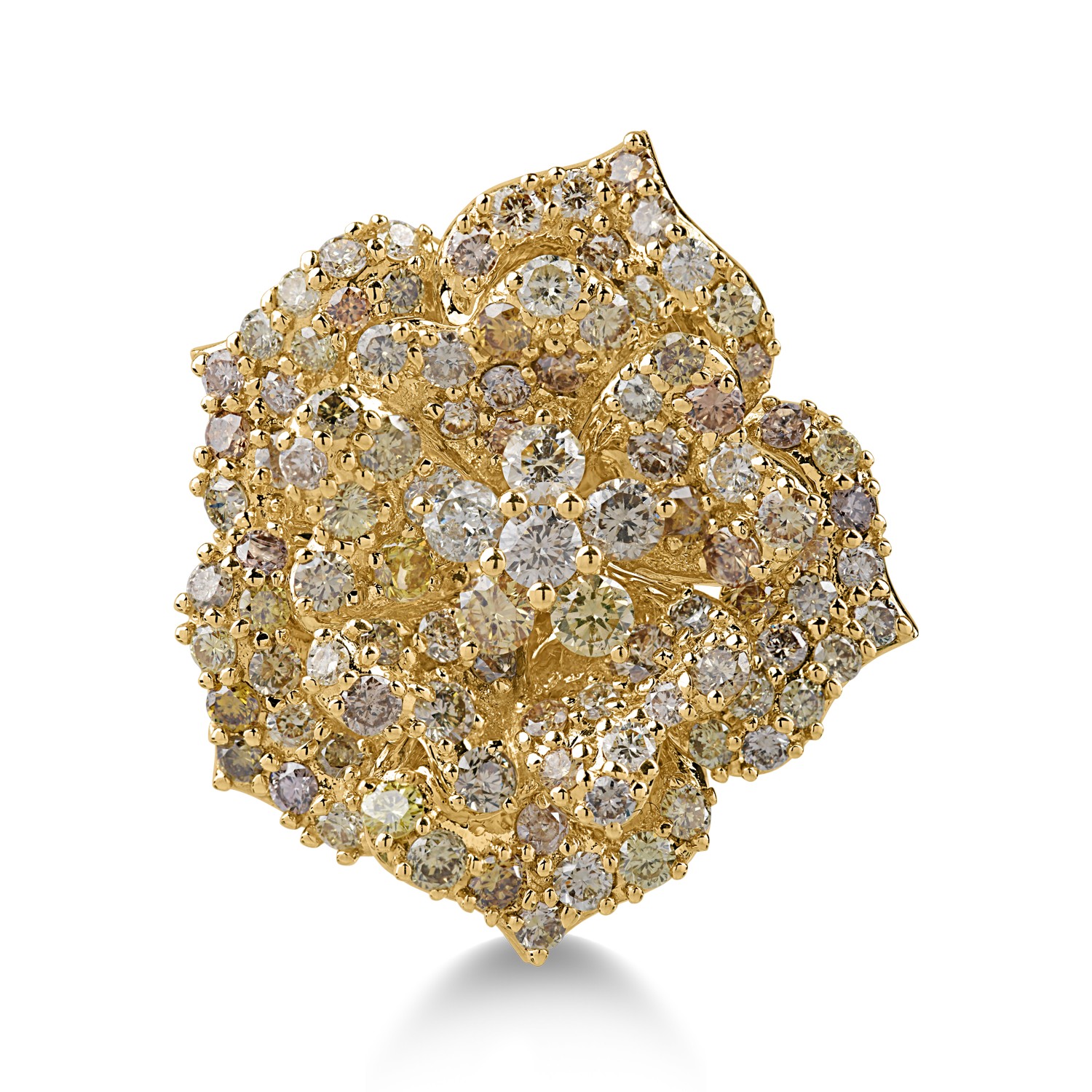 Sárga arany virággyűrű 3.33ct tarka gyémántokkal