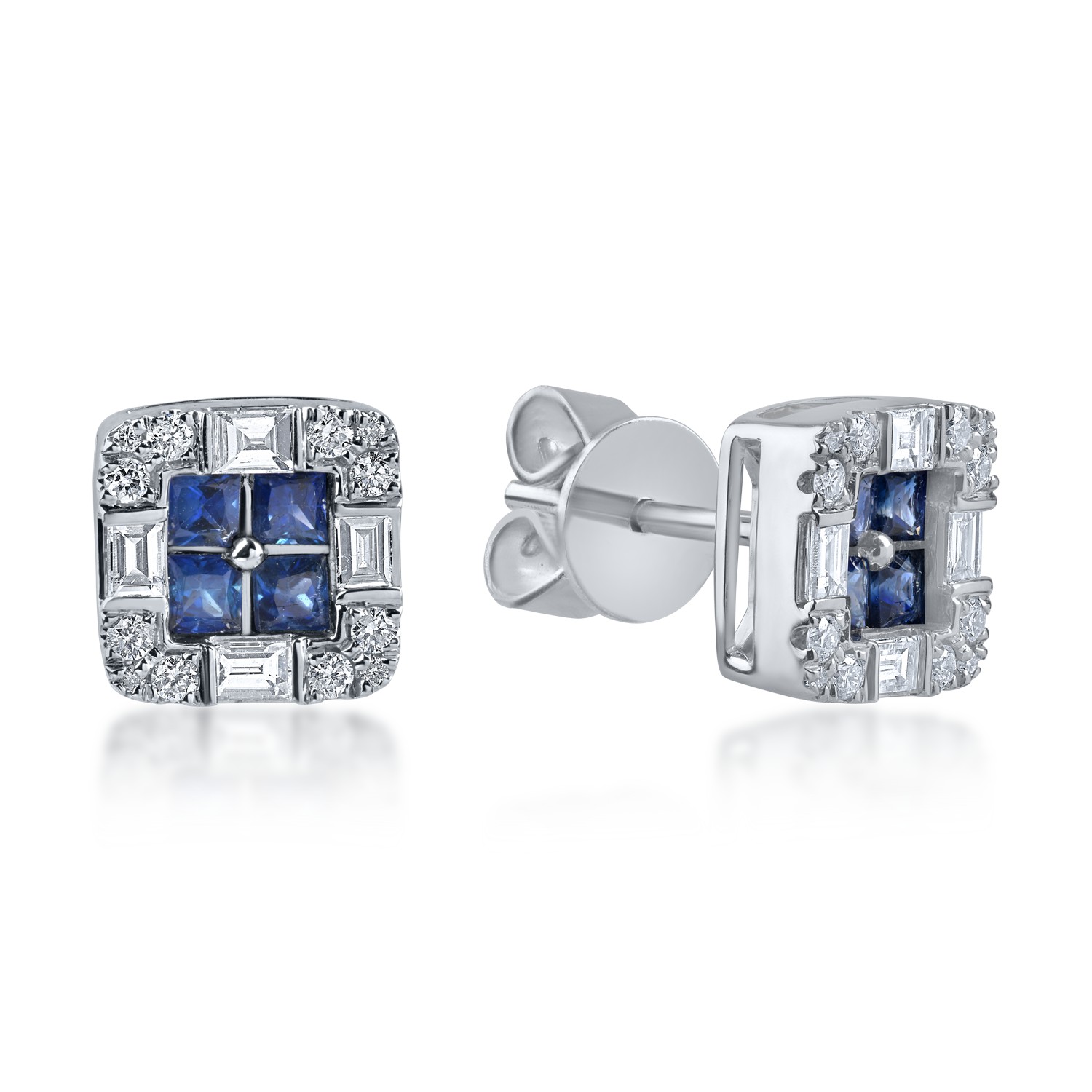 White gold geometric earrings with 0.5ct diamonds and 0.7ct sapphires