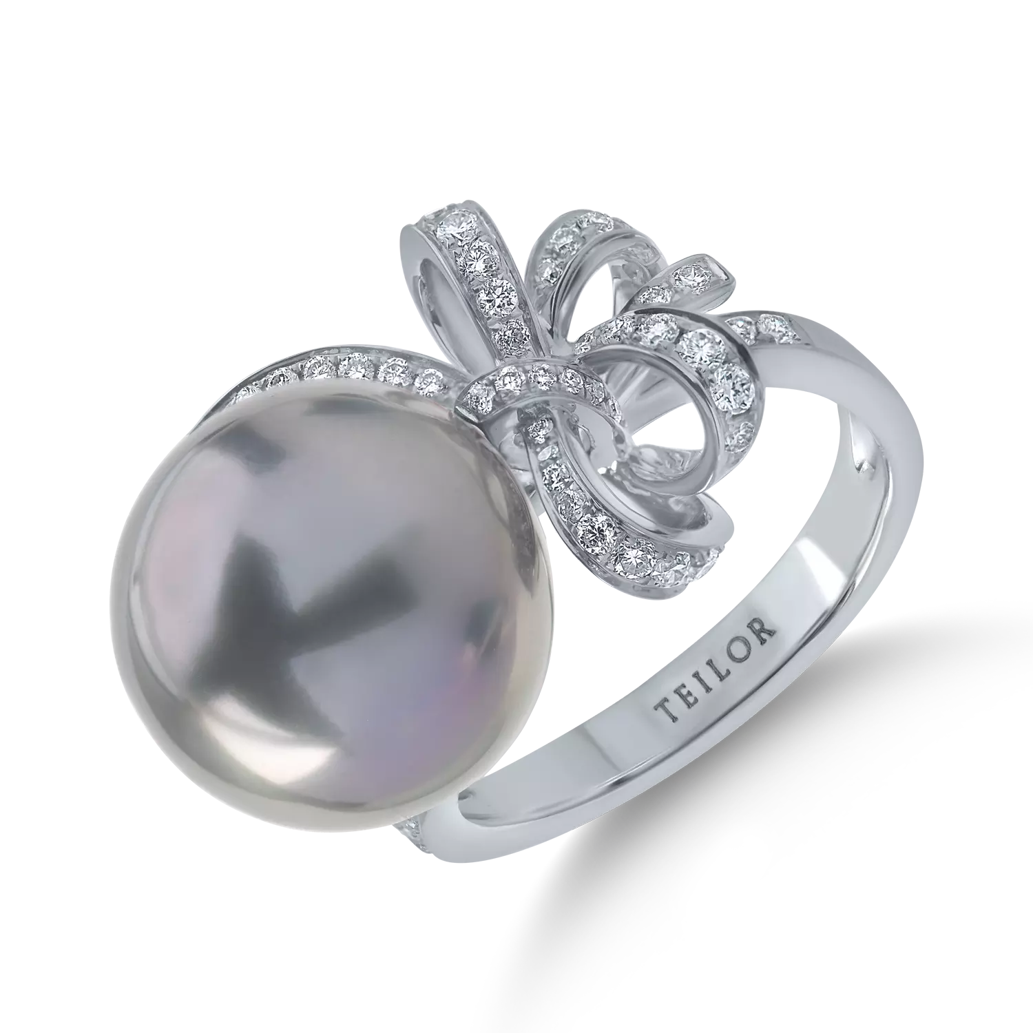 Inel din aur alb cu perla de cultura si diamante de 0.4ct