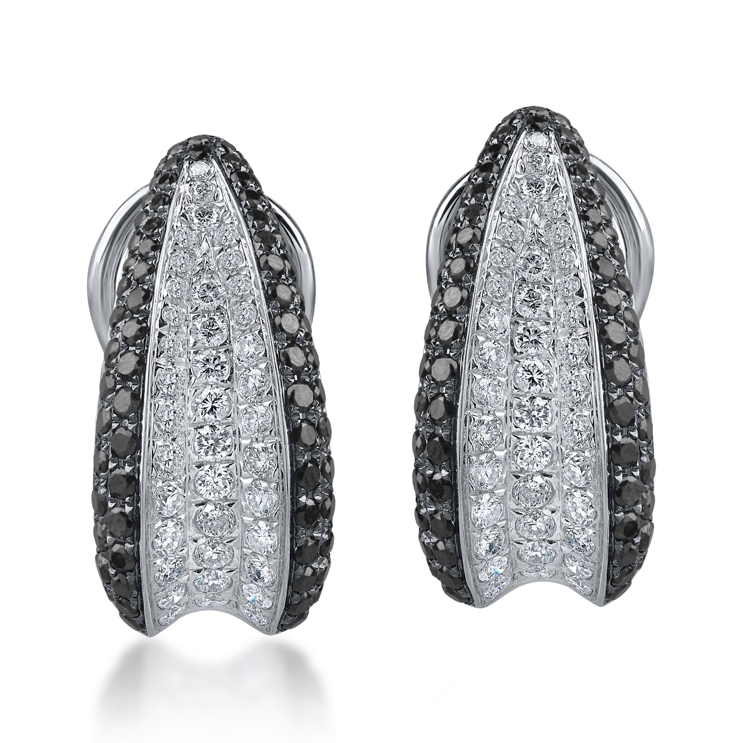 White gold on ear earrings with 0.8ct clear diamonds and 1ct black diamonds