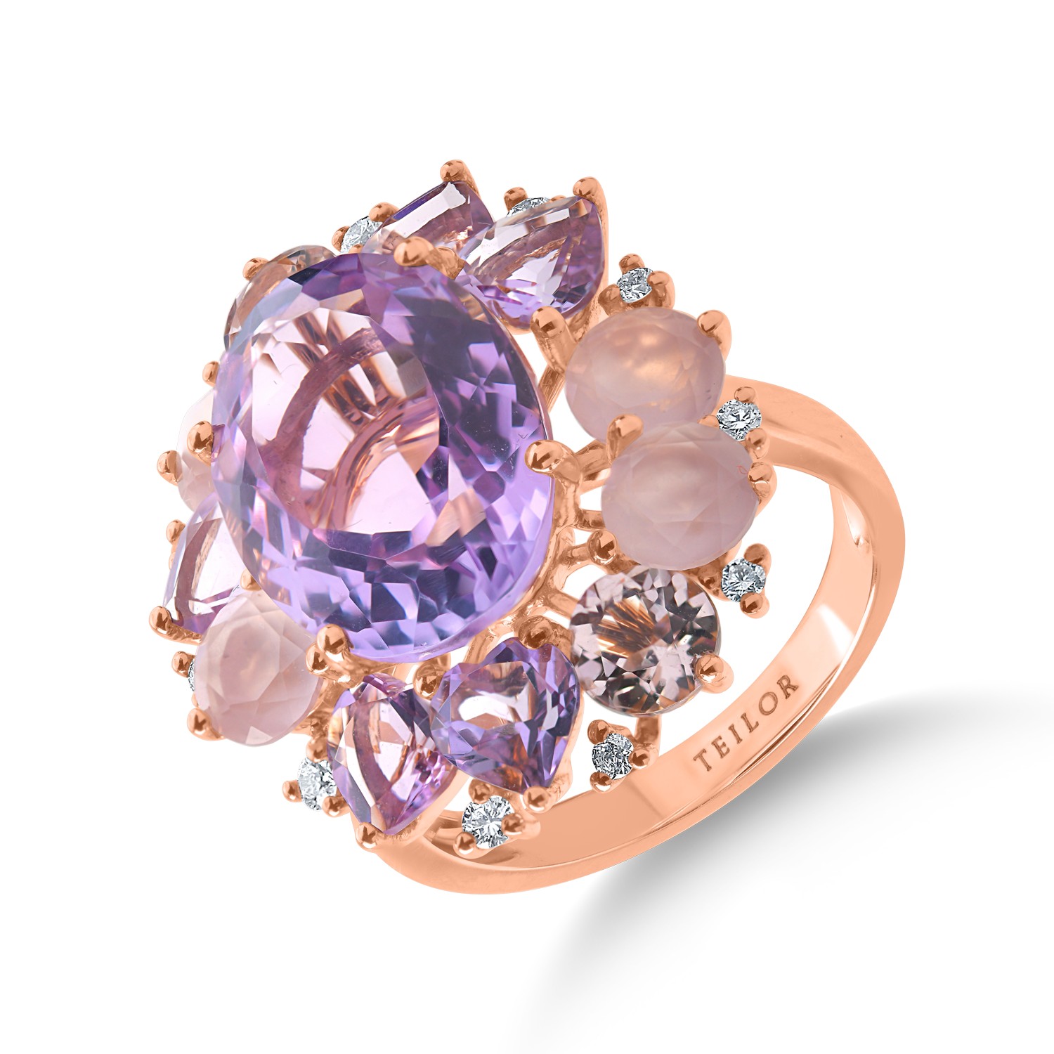 Rose gold flower ring with 12.7 ct precious and semi-precious stones
