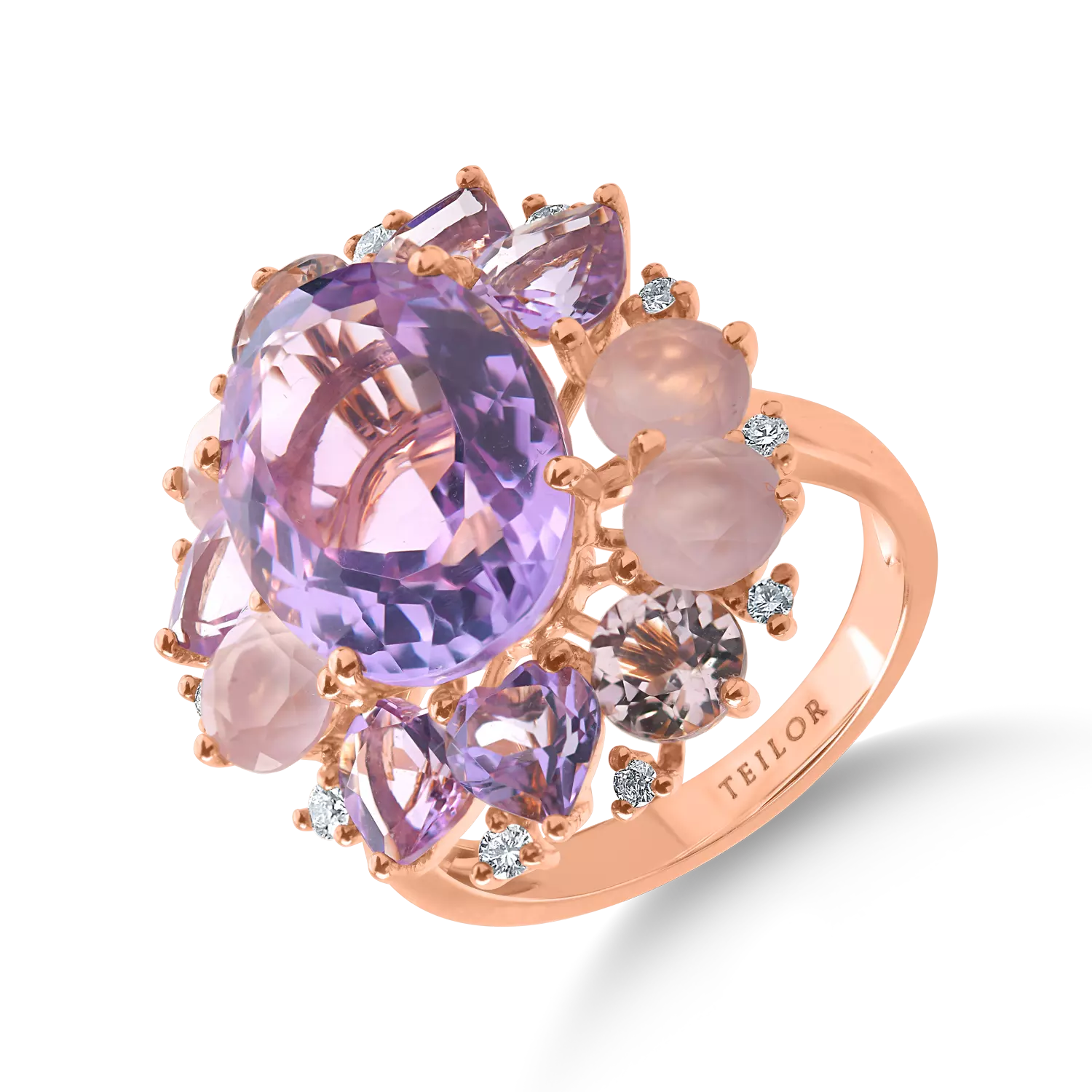 Rose gold flower ring with 12.7 ct precious and semi-precious stones