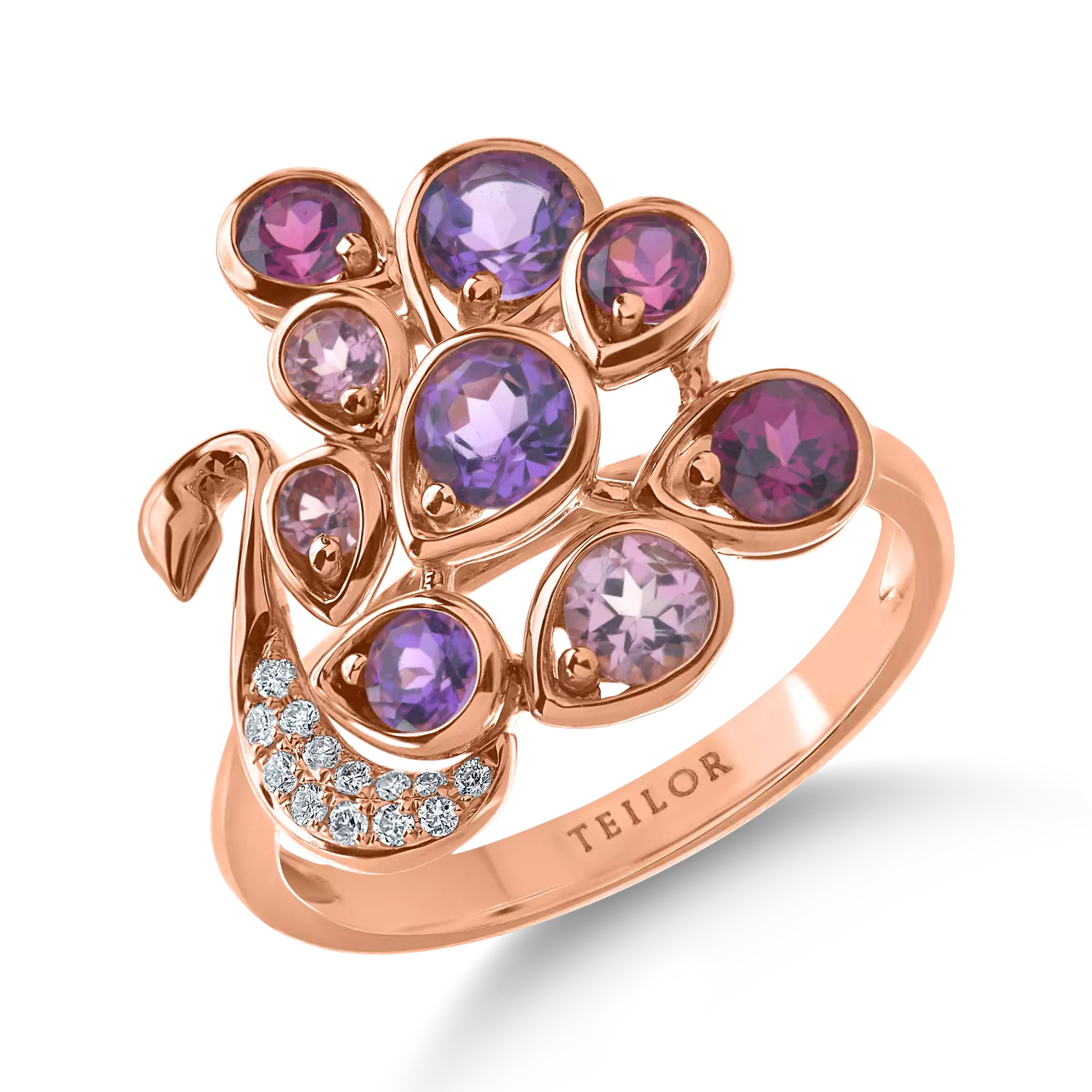 Rose gold peacock ring with 1.67ct semi-precious stones