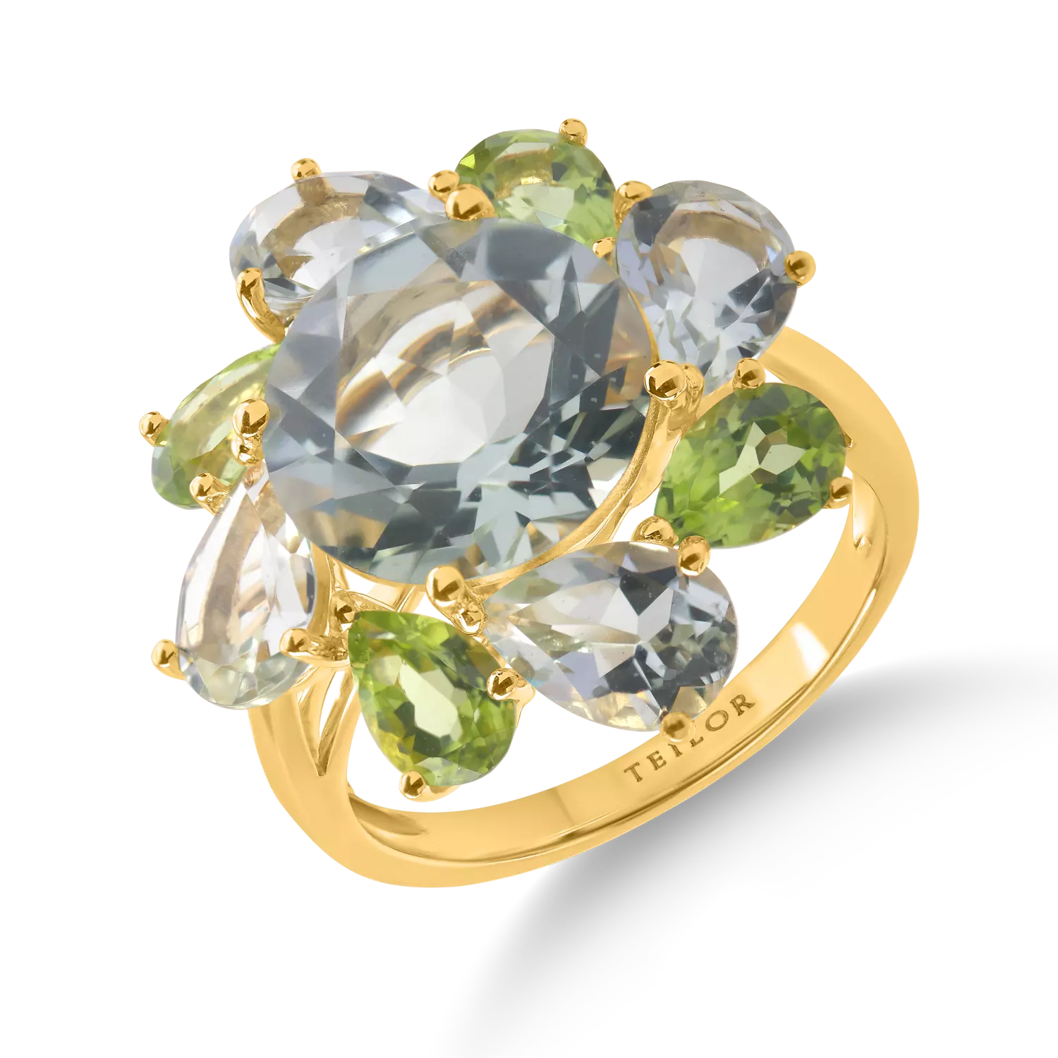 Sárga arany virággyűrű 9.3ct féldrágakövekkel