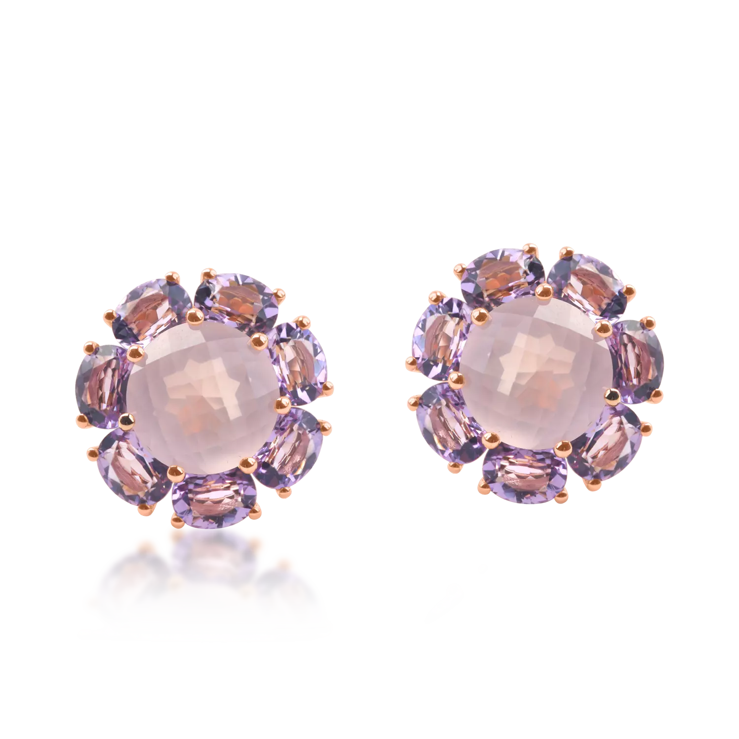 Rose gold flower earrings with amethysts and quartz of 10.5ct