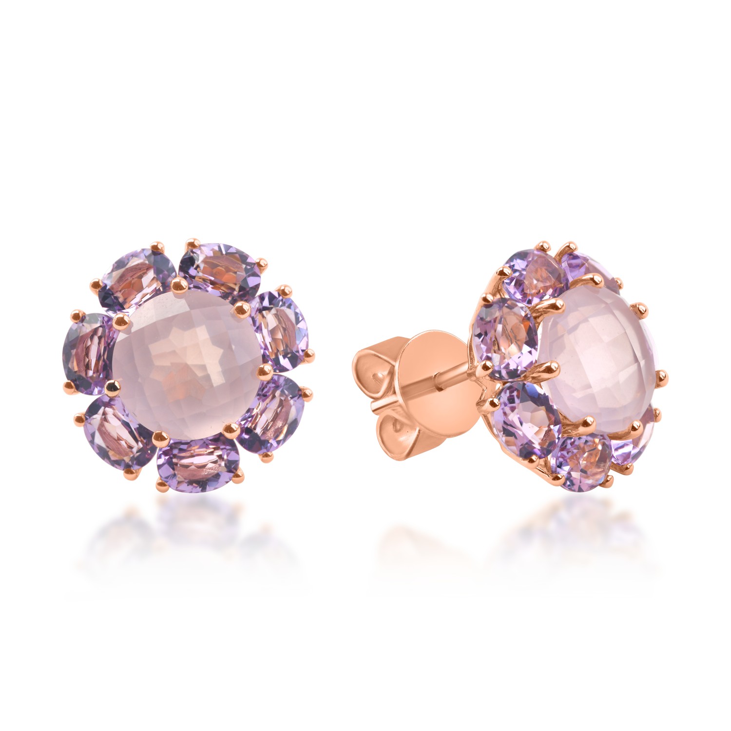 Rose gold flower earrings with amethysts and quartz of 10.5ct