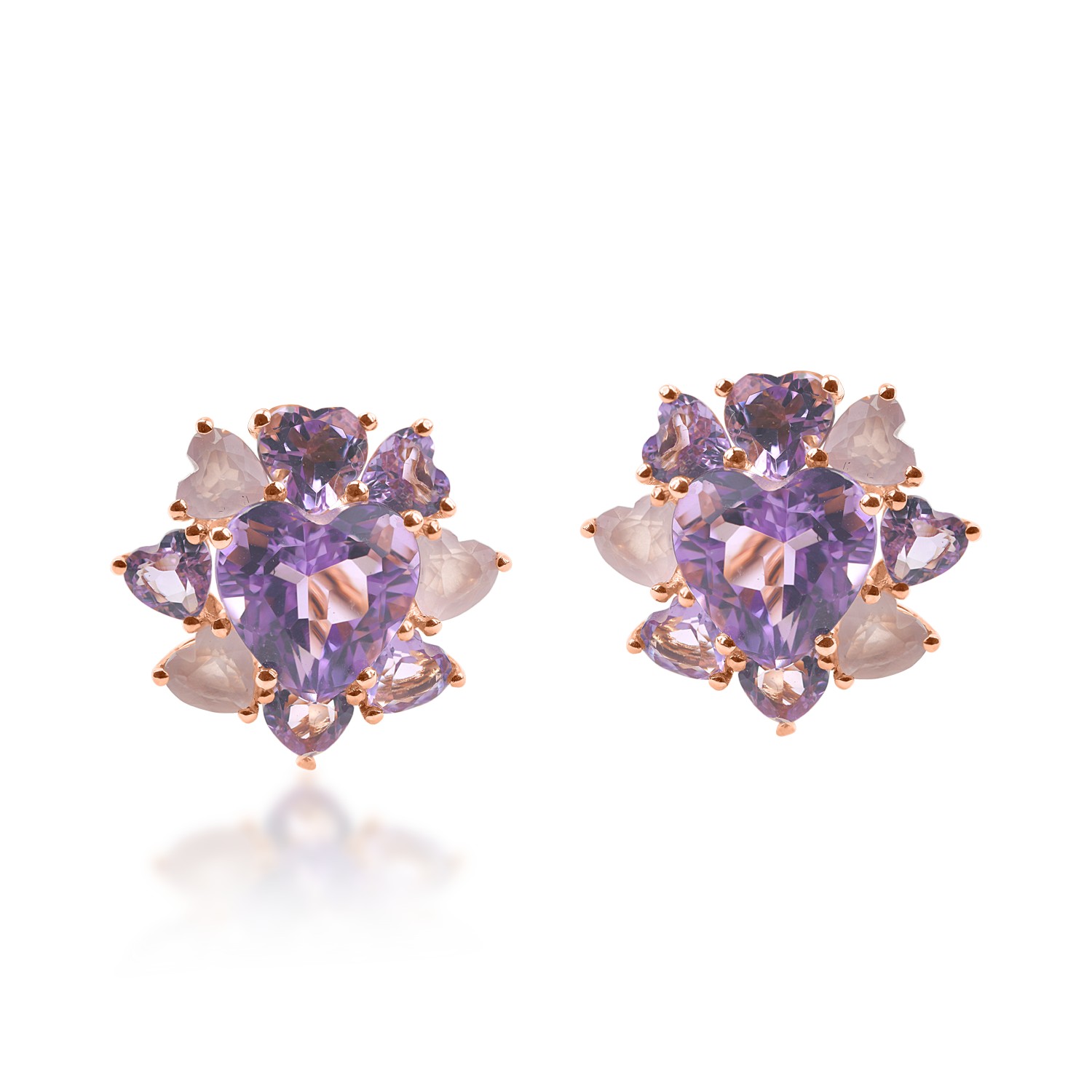 Rose gold earrings with 9.9ct pink amethysts and rose quartz