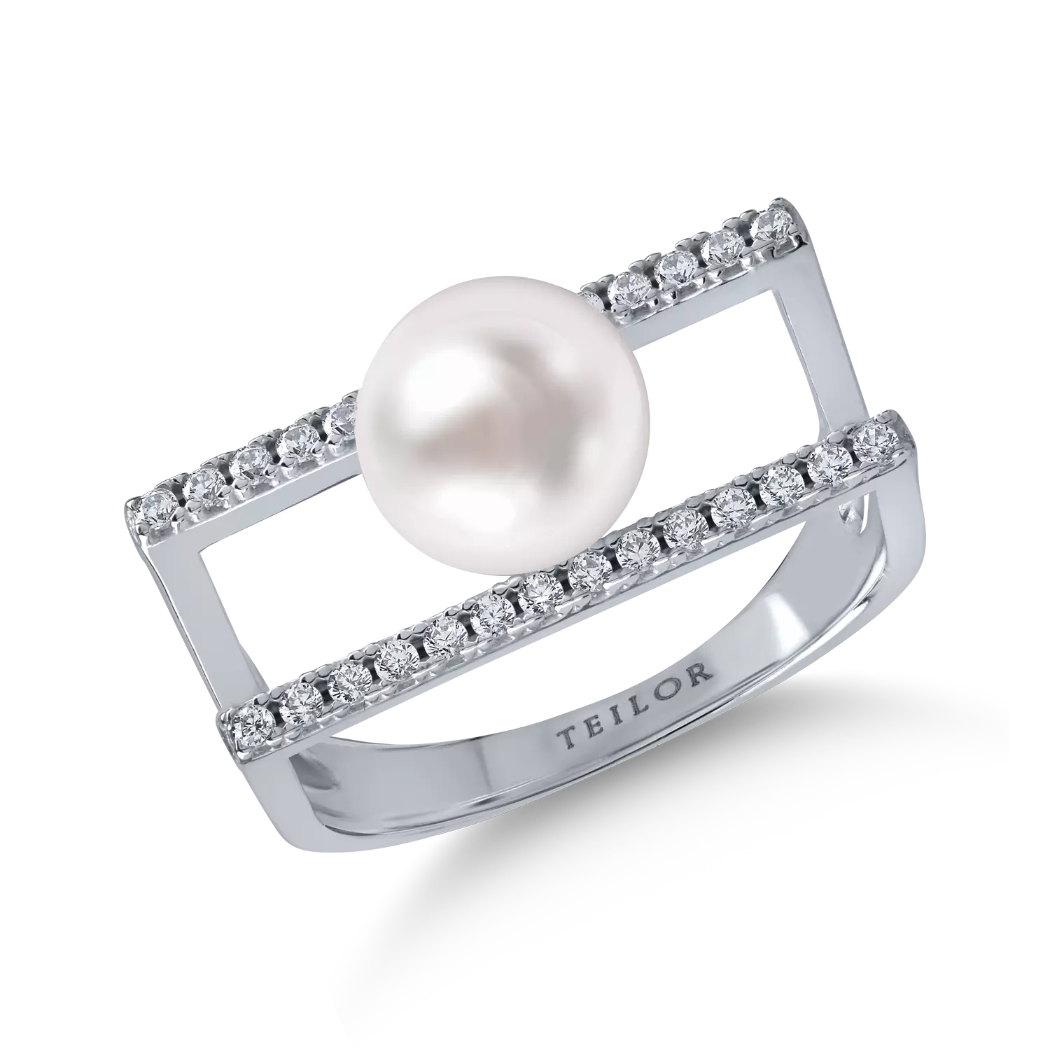 Podwójny pierścionek z białego złota z syntetyczną perłą i cyrkonią