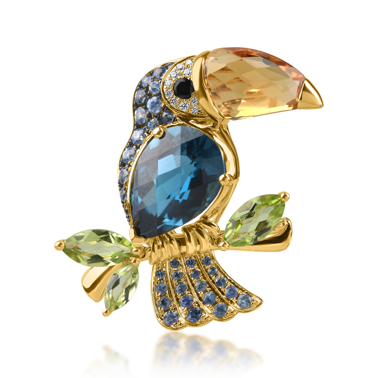 Yellow gold toucan brooch with 10ct semi-precious stones