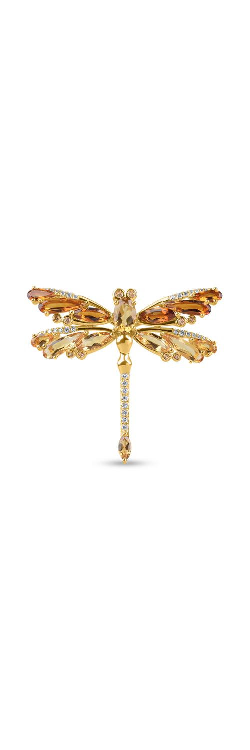 Yellow gold dragonfly brooch with 6ct semi-precious stones