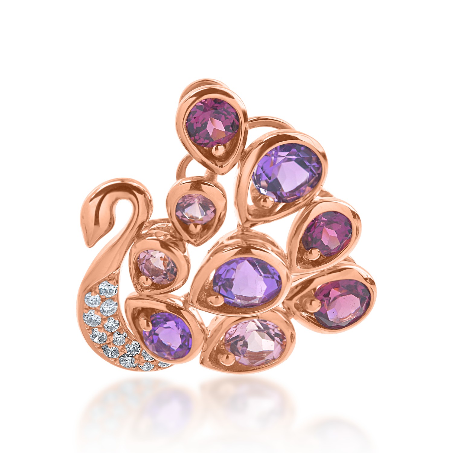 Rose gold peacock pendant with 1.67ct semi-precious stones