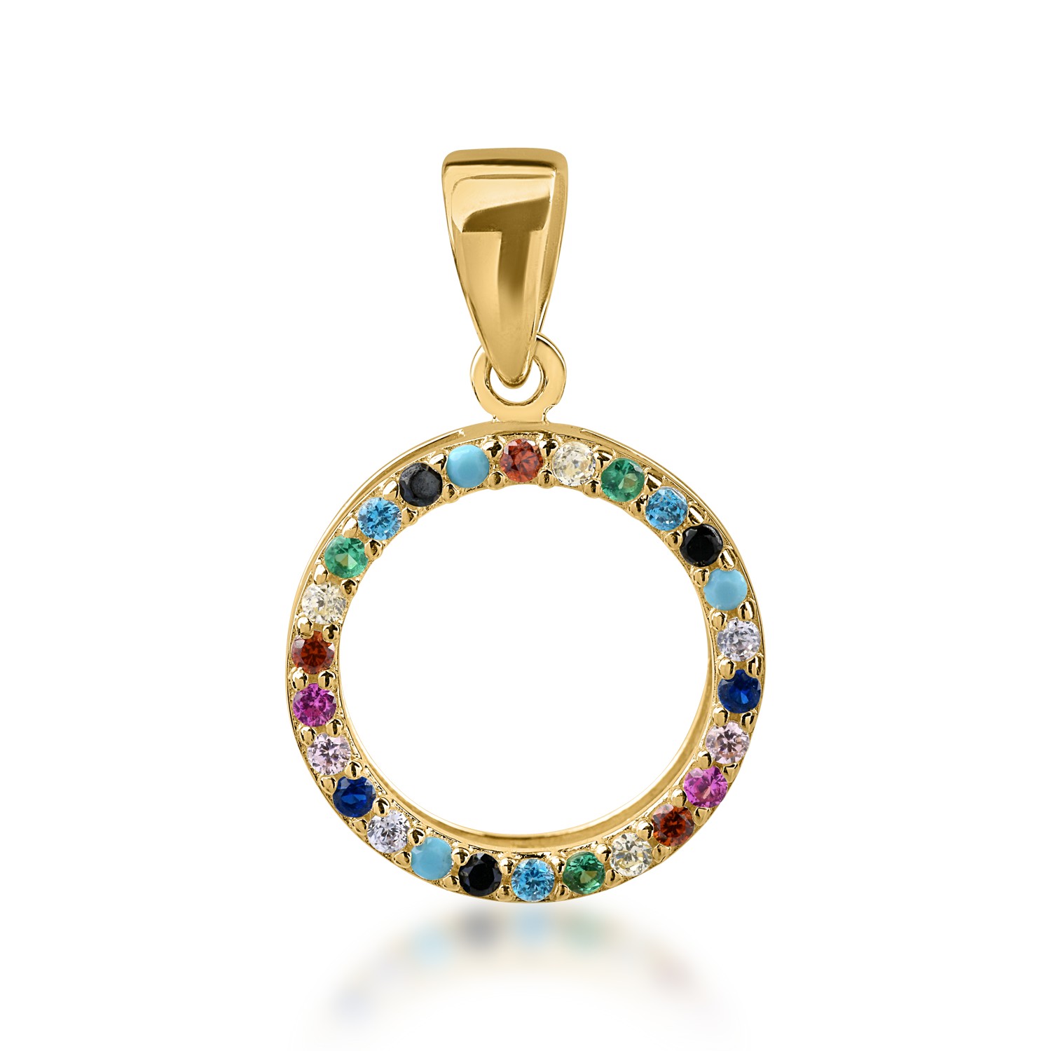 Yellow gold circle pendant with multicoloured zirconia