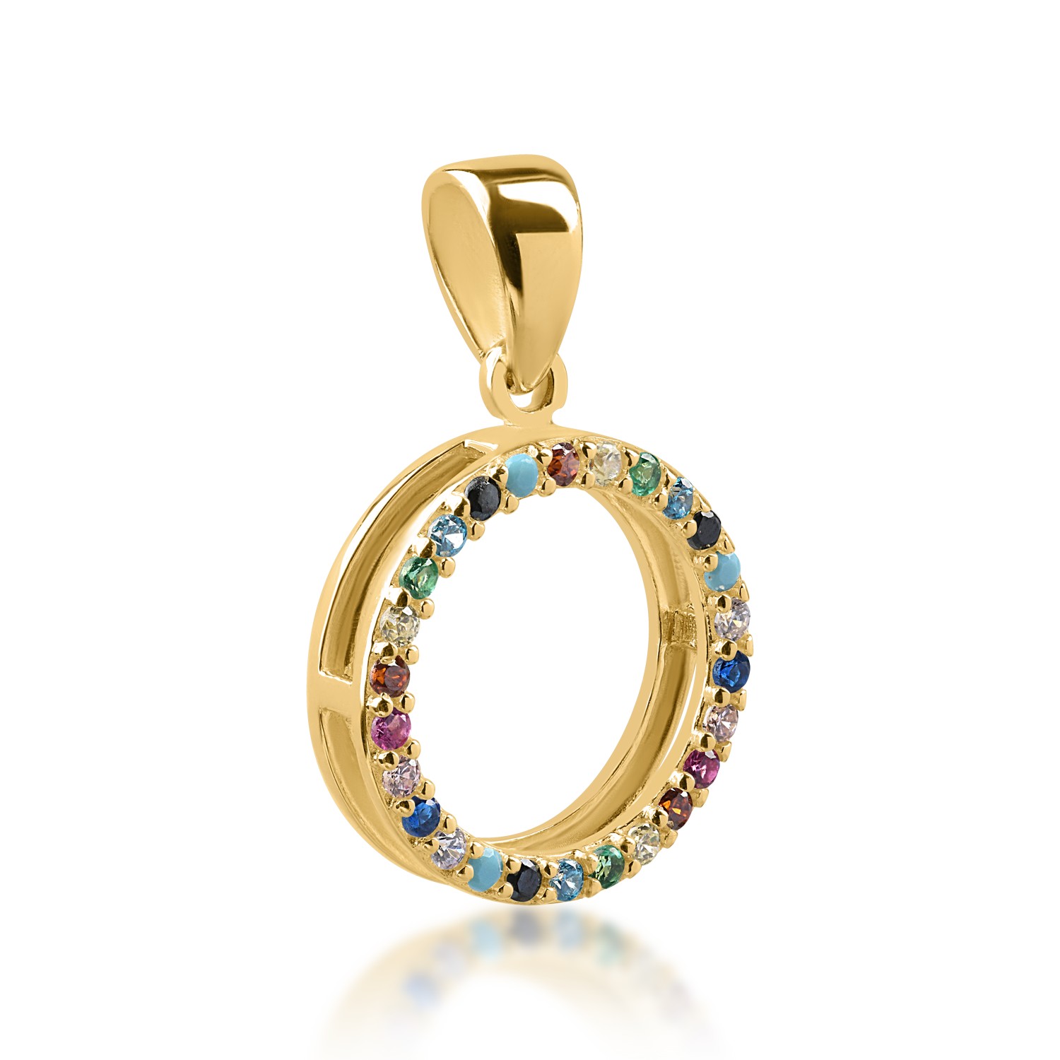 Yellow gold circle pendant with multicoloured zirconia