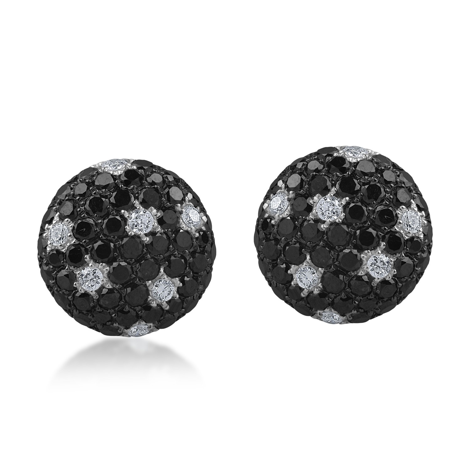White gold stud earrings with 1.1ct black diamonds and 0.1ct clear diamonds