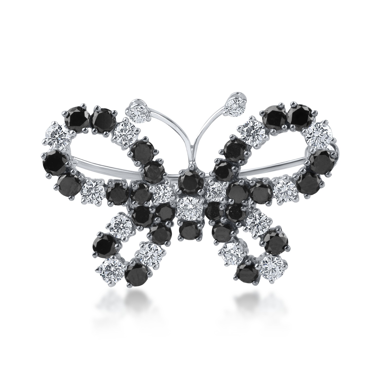Fehérarany pillangós bross 1.3ct fekete gyémántokkal és 0.7ct tiszta gyémántokkal