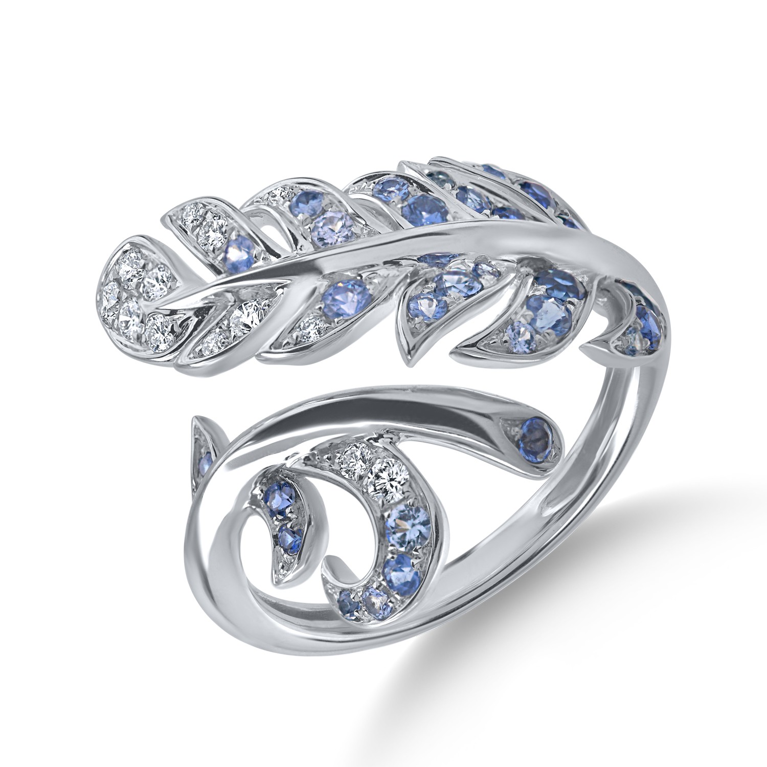 White gold leaf ring with 0.1ct diamonds and 0.6ct blue sapphires