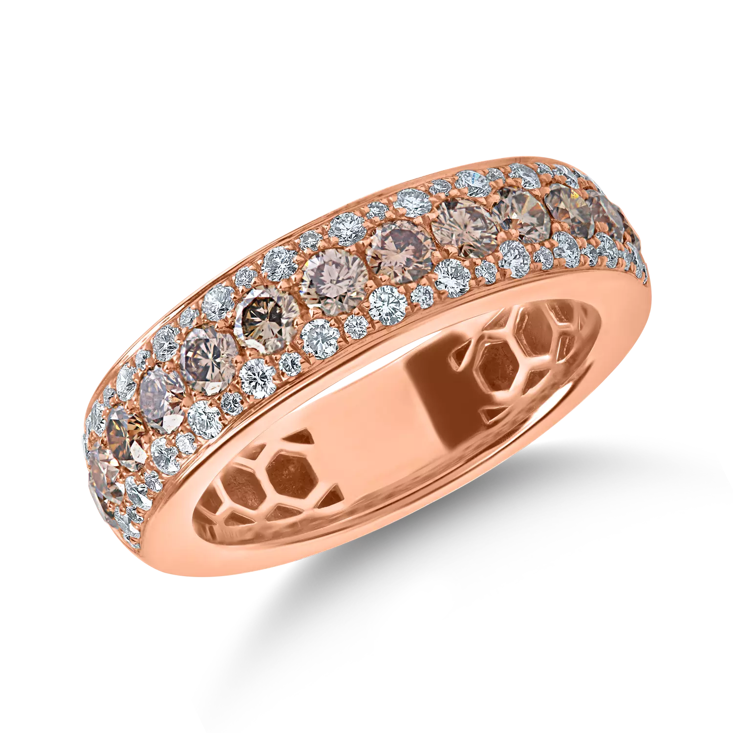 Микрозакрепващ пръстен от розово злато с 0.9кт кафяви диаманти и 0.3кт прозрачни диаманти