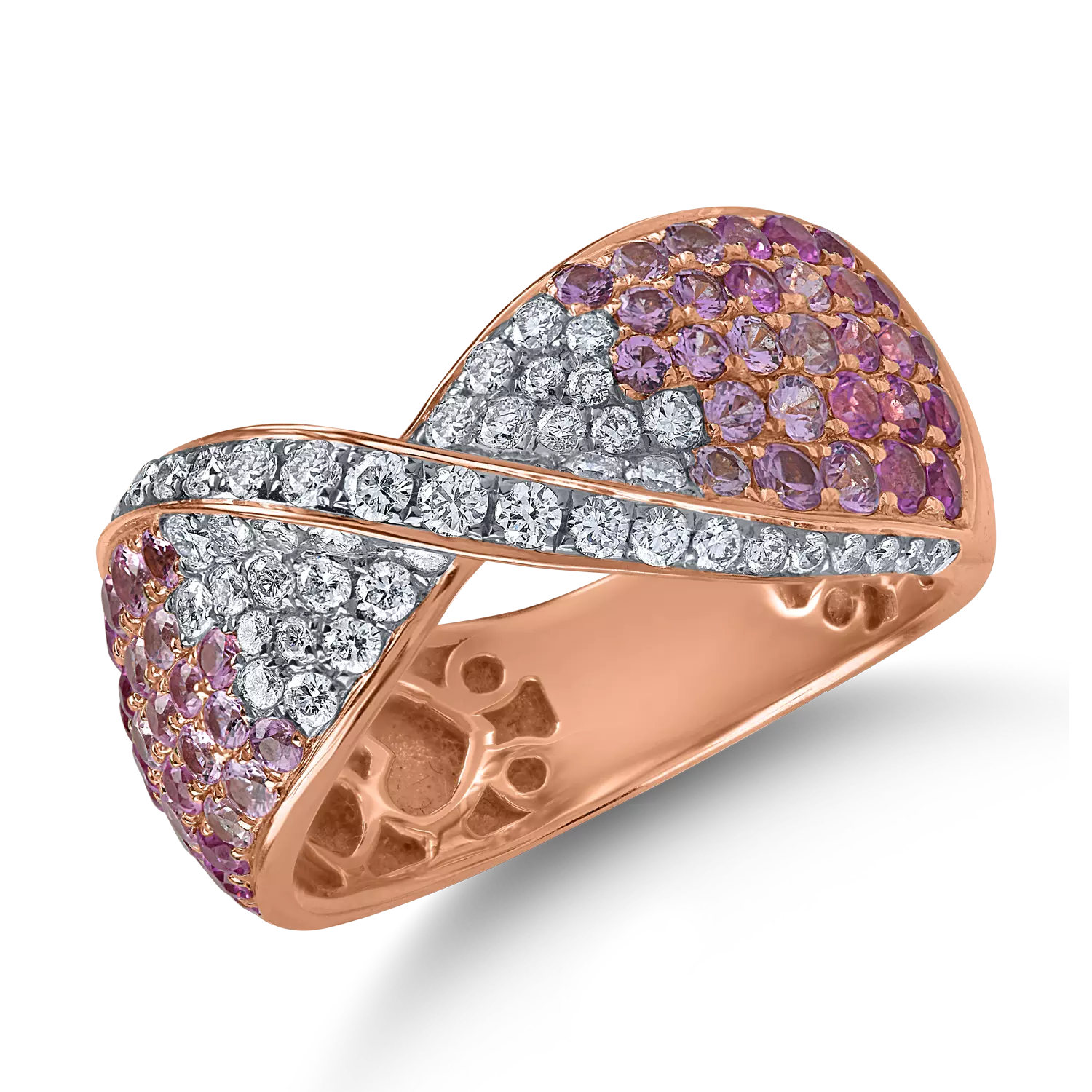 Rózsarany gyűrű 1.3ct rózsaszín zafírral és 0.5ct gyémánttal