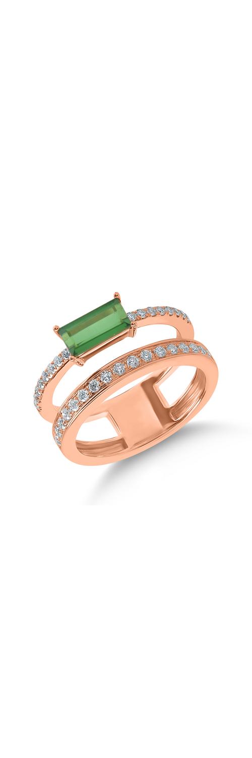 Rózsarany gyűrű 0.9ct zöld turmalinnal és 0.3ct gyémánttal