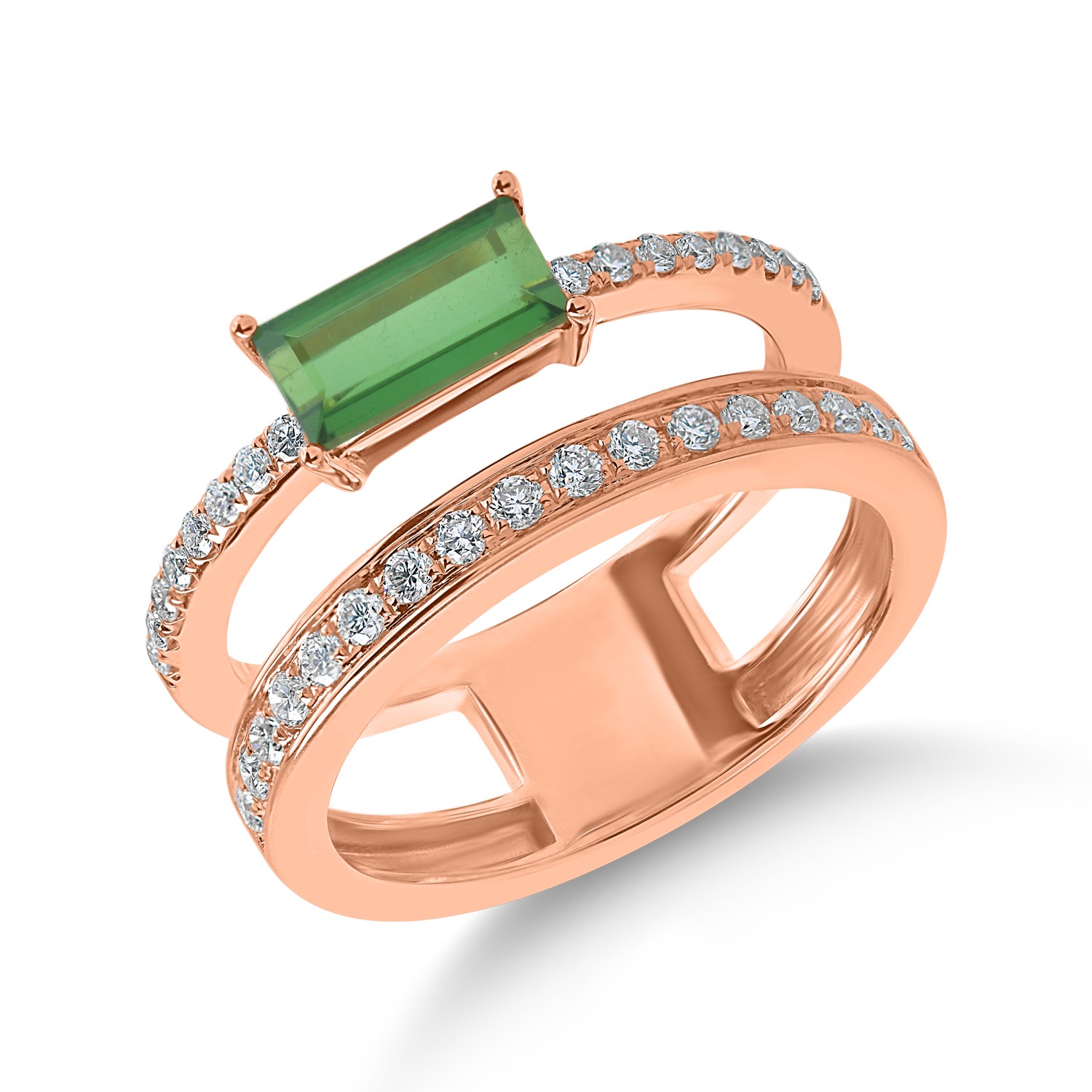 Inel din aur roz cu turmalina verde de 0.9ct si diamante de 0.3ct