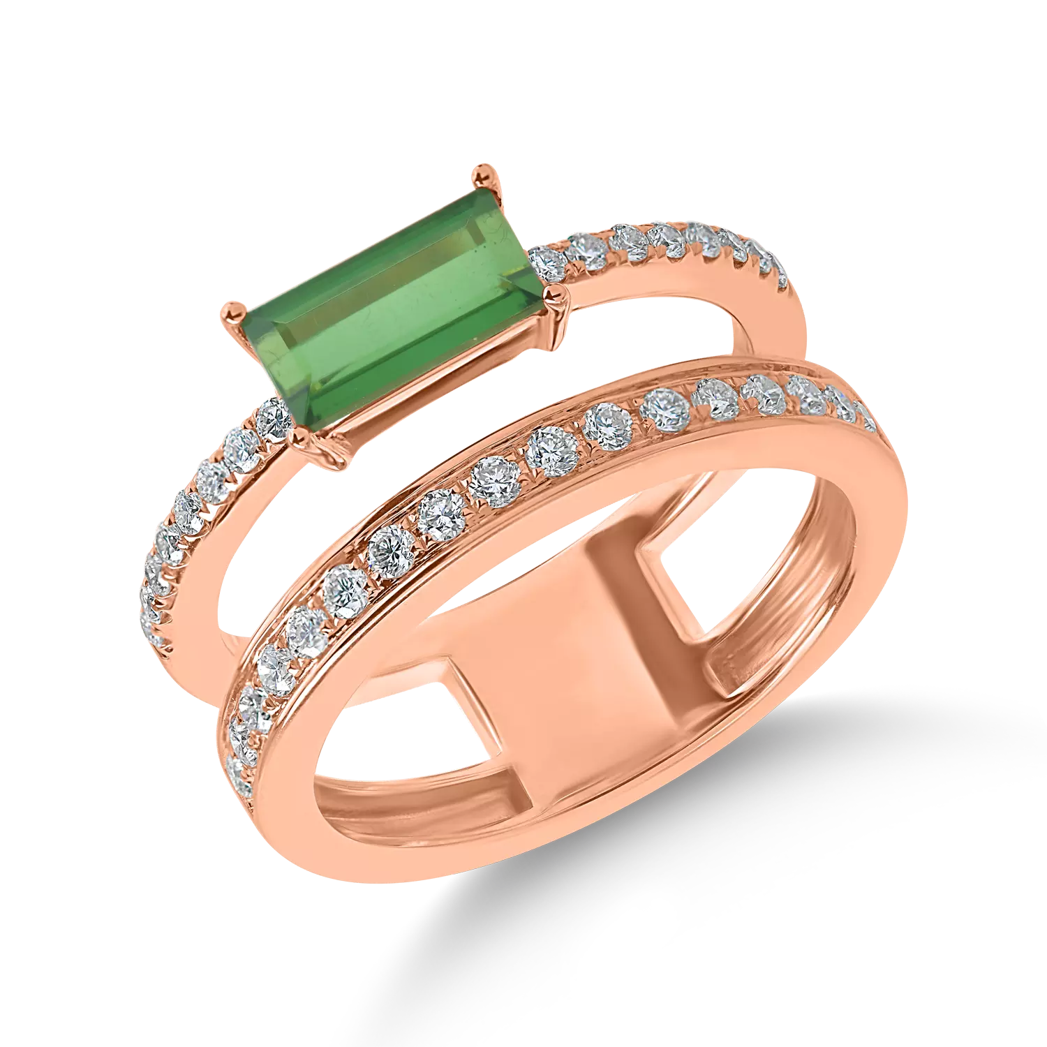Пръстен от розово злато с 0.9кт зелен турмалин и 0.3кт диаманти