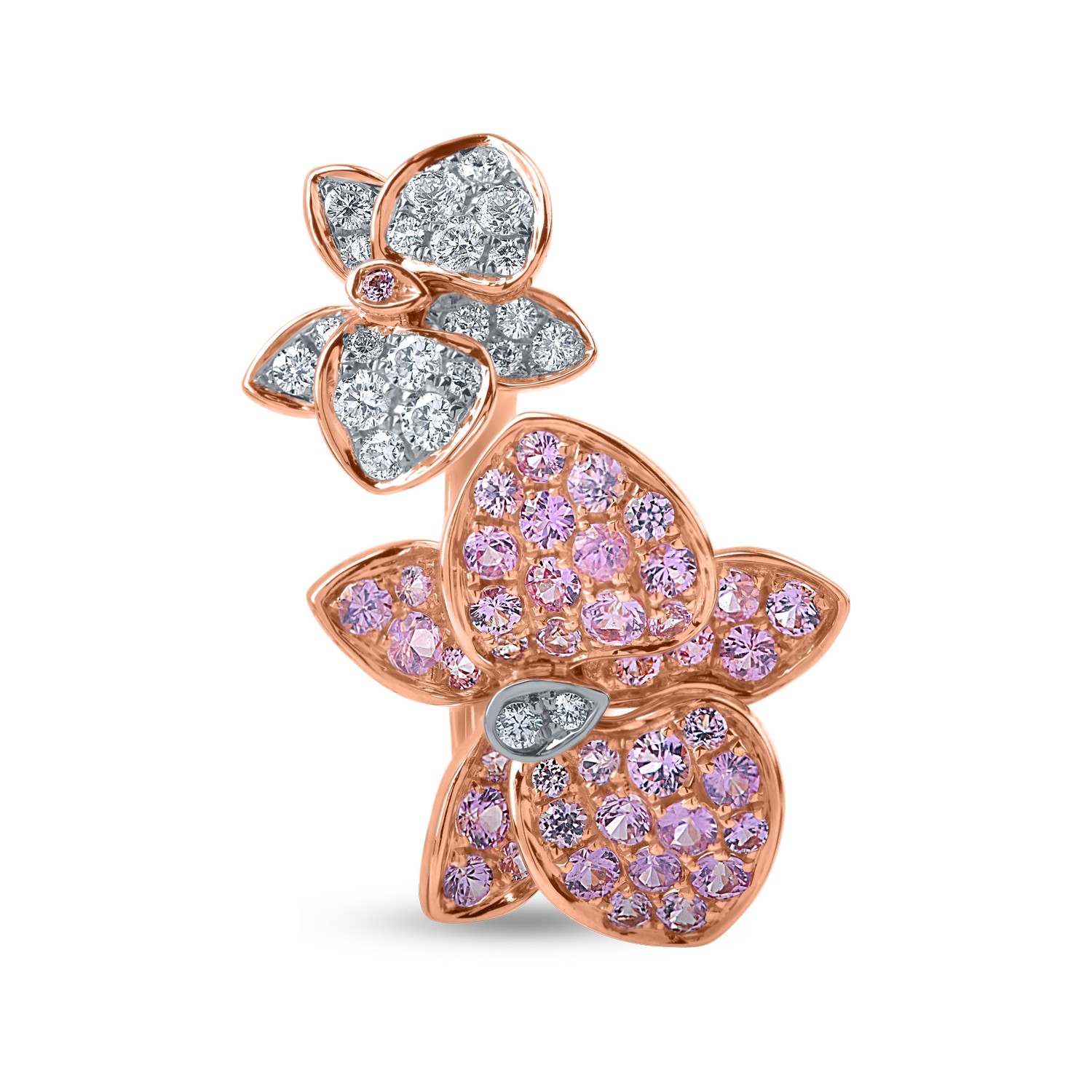 Rose gold flower ring with 0.9ct light pink sapphires and 0.2ct diamonds