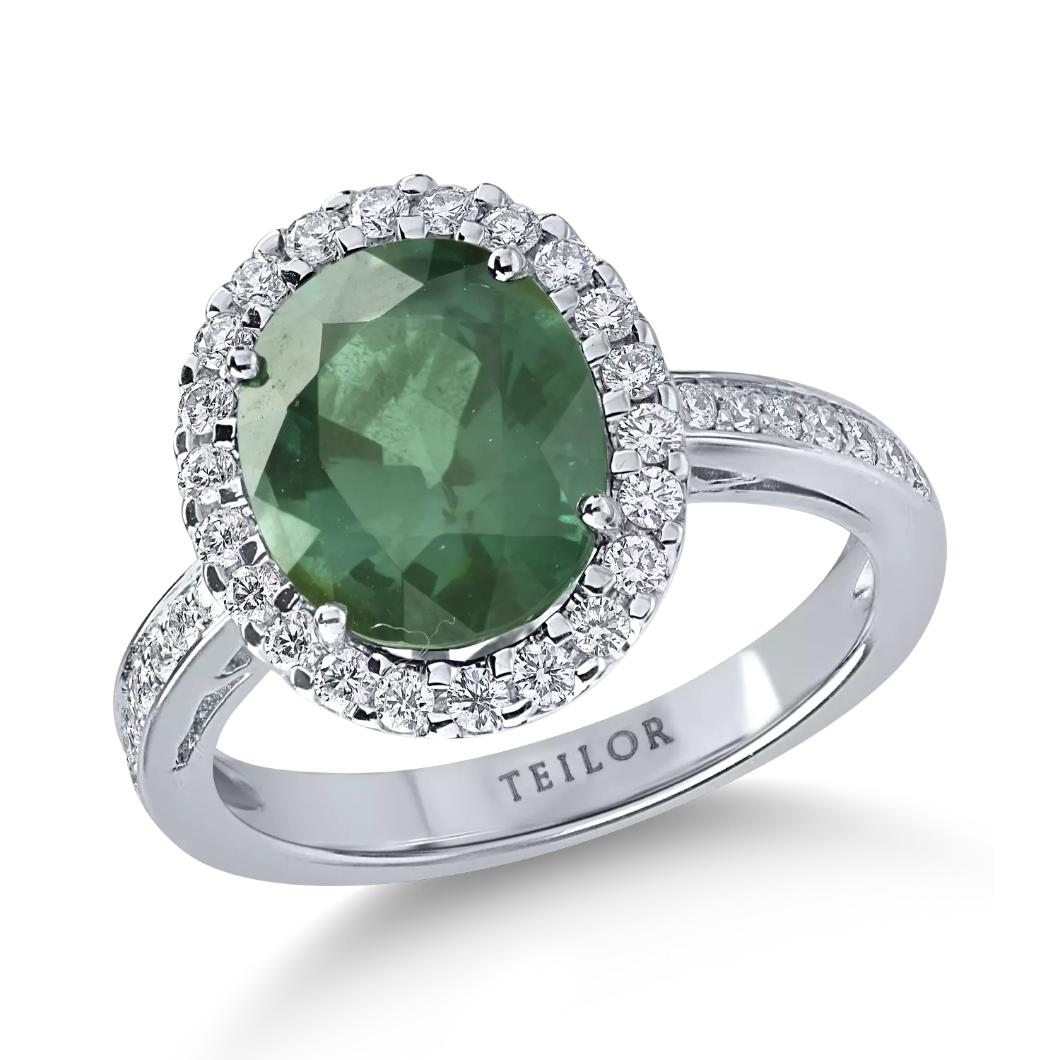 Inel din aur alb cu turmalina verde de 3.1ct si diamante de 0.4ct