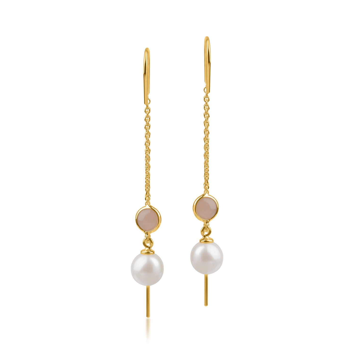 Yellow gold long earrings with 0.2ct moonstone and synthetic pearls