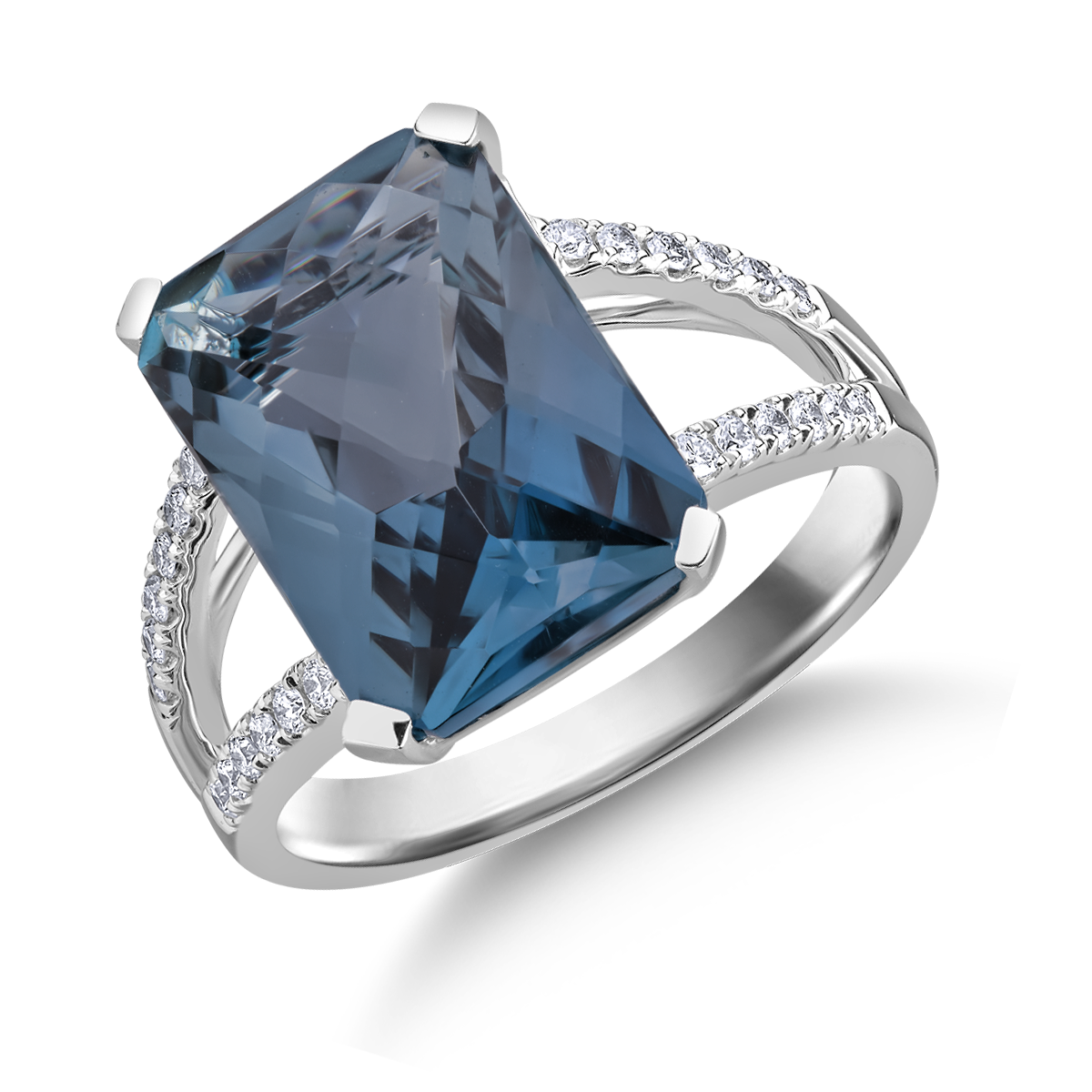 White gold ring with 9.85ct london blue topaz and 0.215ct diamonds