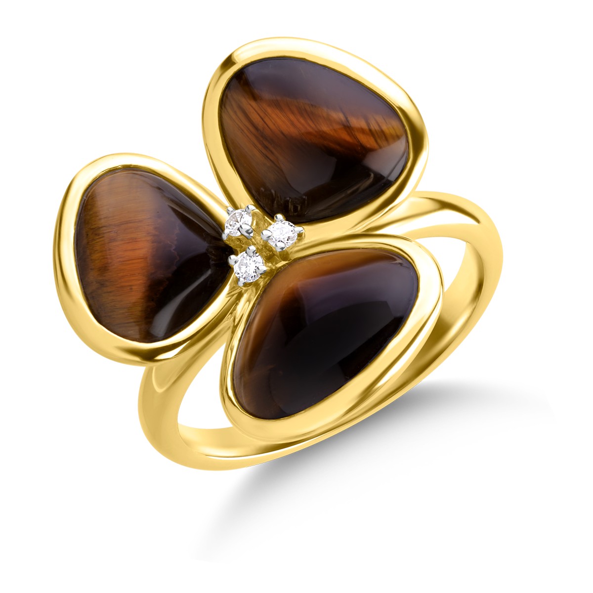 Gyűrű 18K-os sárga aranyból 7,59ct tigrisszemmel (kvarc féle, homályos) és 0,041ct gyémántokkal. Gramm: 4,86