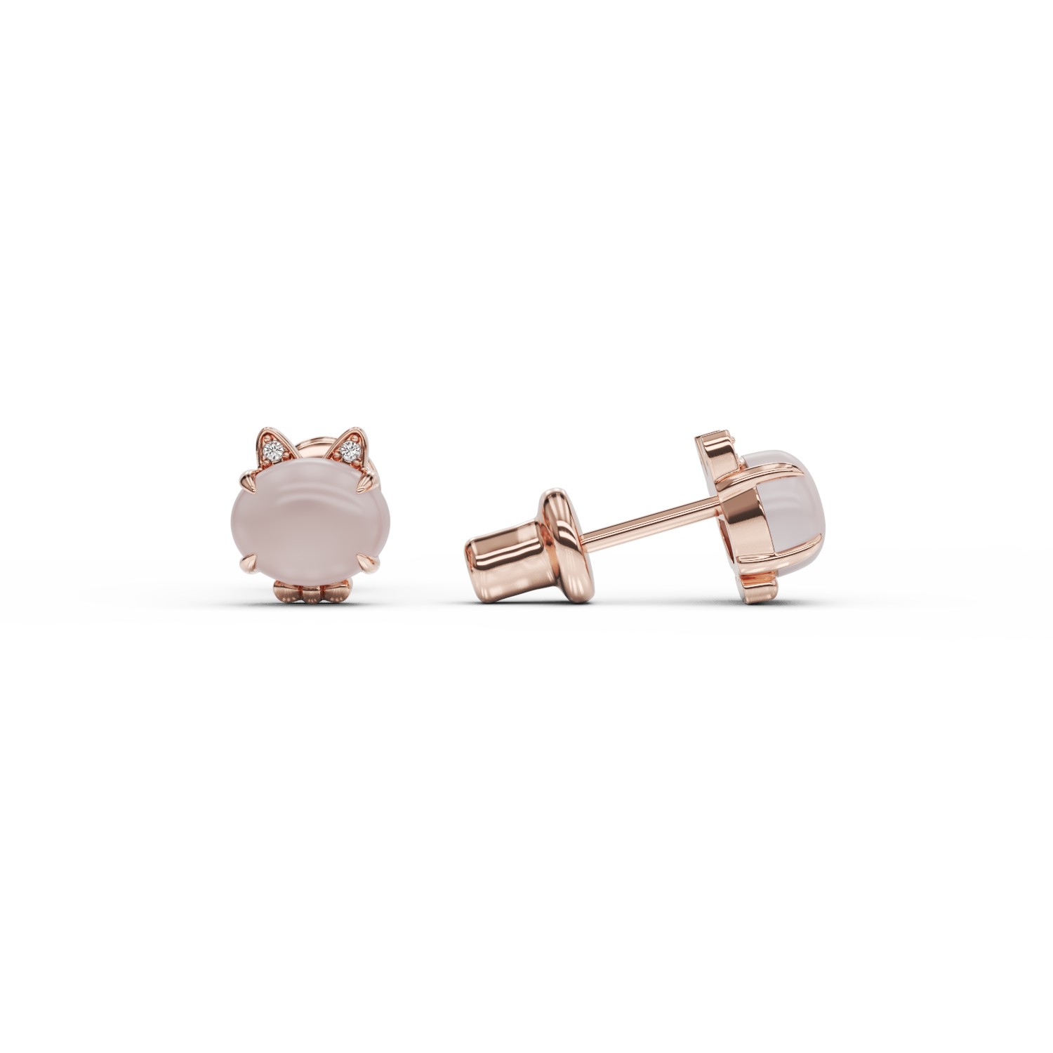 14K rose gold cats children earrings with rose quartz of 0.97ct and diamonds of 0.012ct