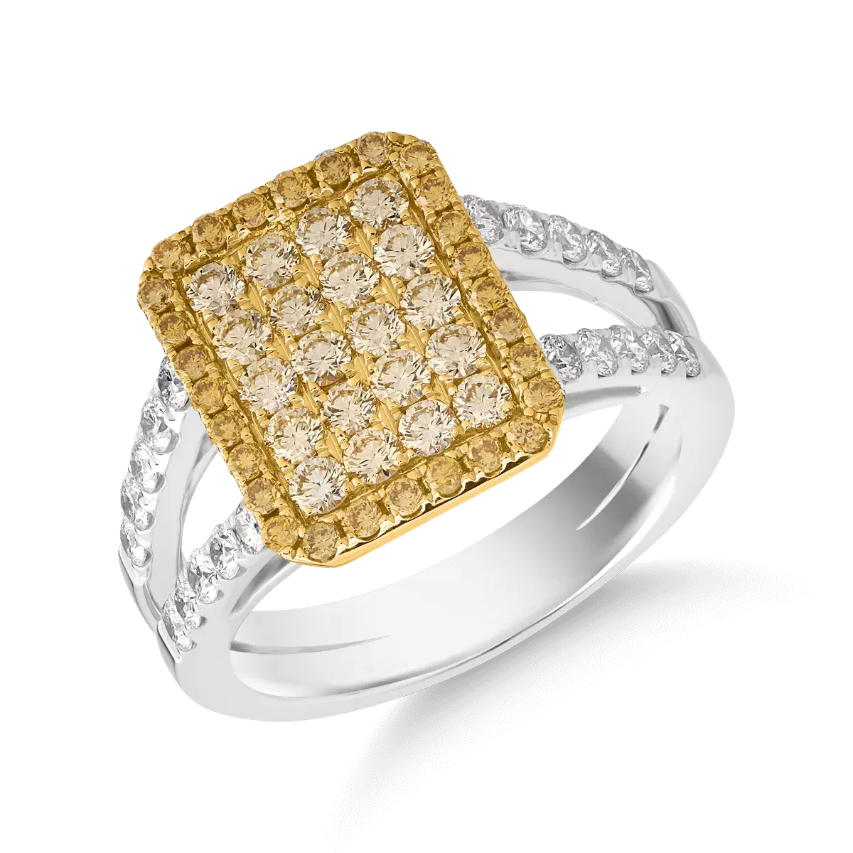 Inel din aur alb-galben de 18K cu diamante galbene de 0.85ct si diamante transparente de 0.50ct