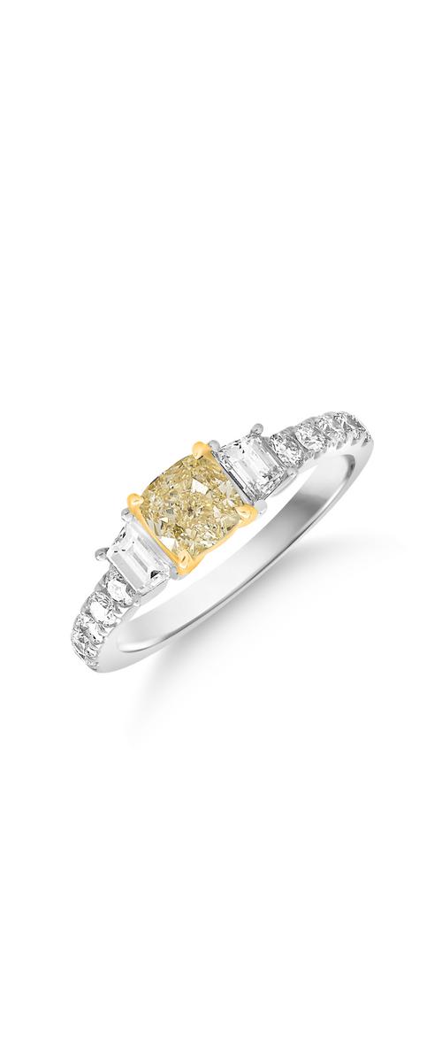 Eljegyzési gyűrű 18K-os fehér aranyból 1ct sárga gyémánttal és 0,48ct gyémánttal. Gramm: 4,35